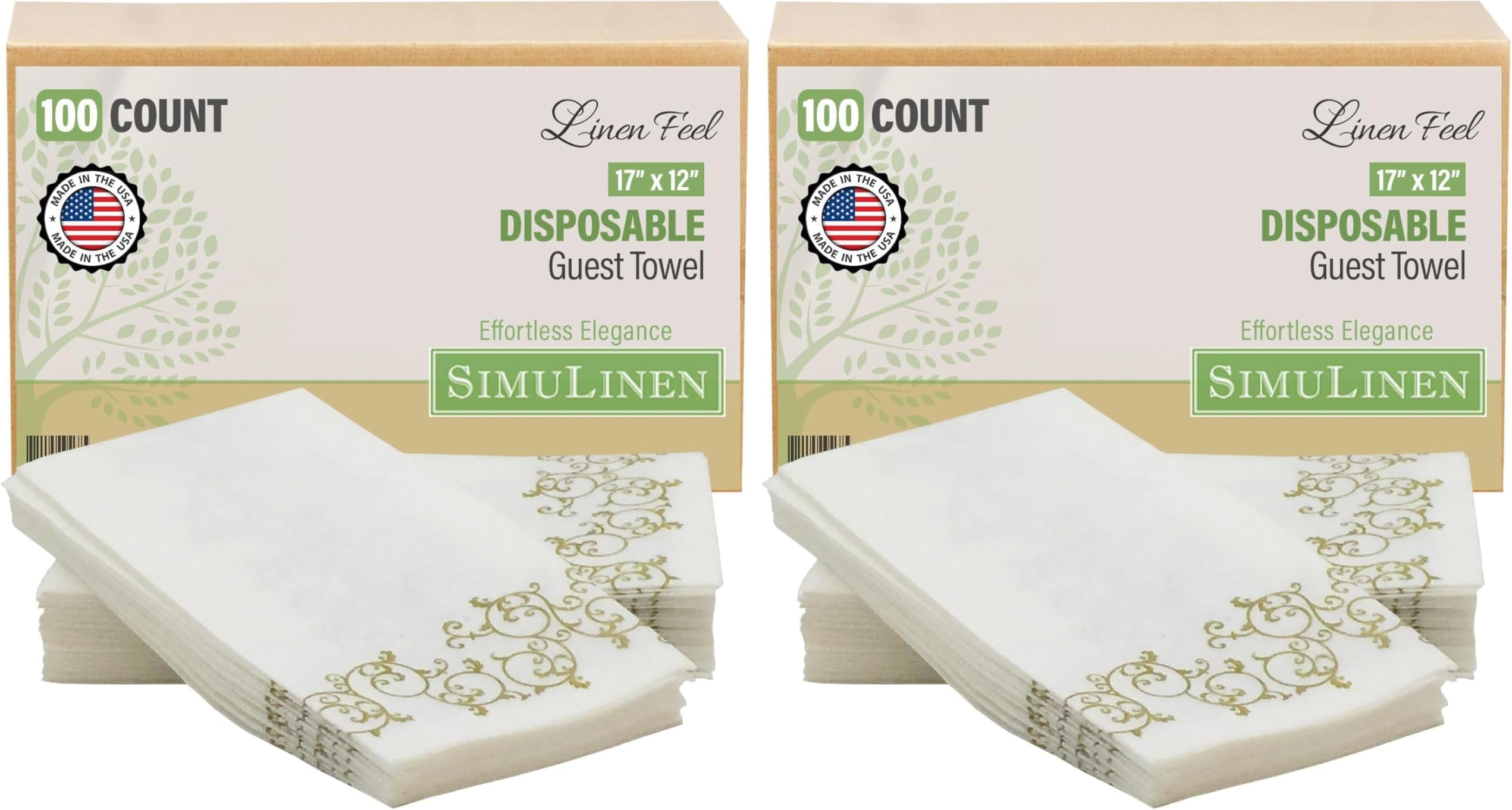 SimuLinen Gold Floral - Disposable Linen Feel for Bathroom Luxury Paper Towel, Soft and Cloth-Like, Single-Use - Size 12"x17" 100ct (Made in USA) (Pack of 2)