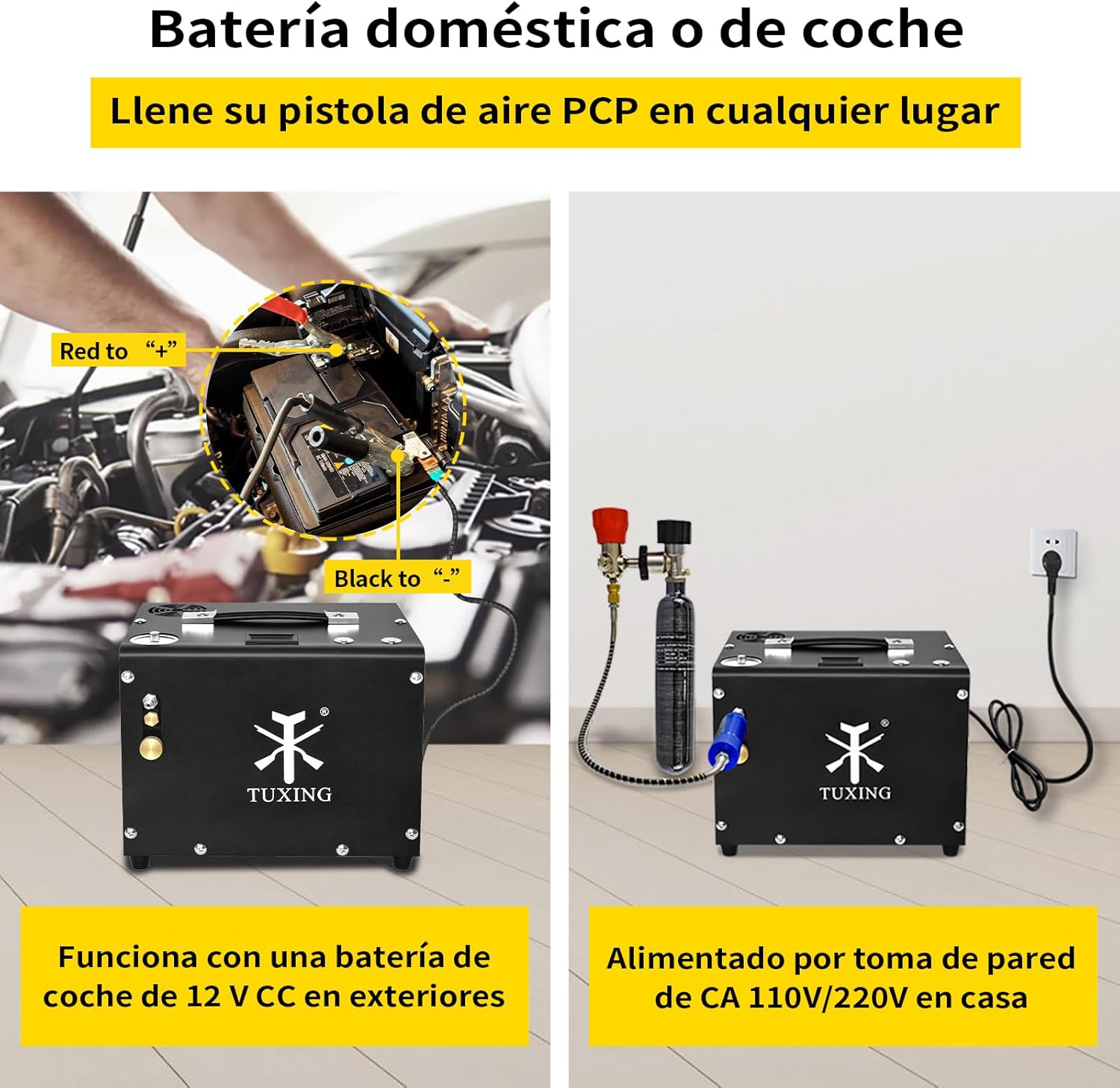 TUXING TXET062-2 PCP Air Compressor connected to a 12V car battery