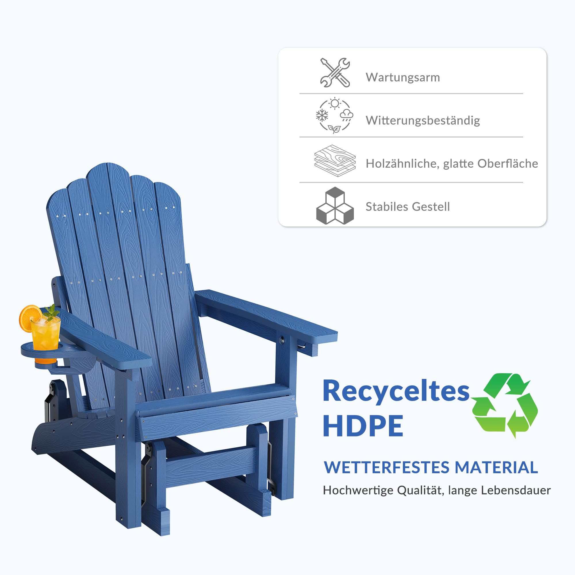 Silla Adirondack con Respaldo Ajustable, Mecedora de Patio con Efecto Madera y portavasos, Ideal para Exteriores, con Mecanismo de balanceo Suave y Capacidad de Peso de 200 kg.