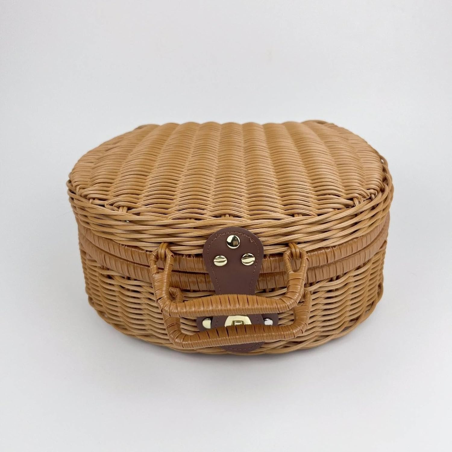 Handheld Storage Basket Wicker Suitcase Style Portable Carry Basket Brown Woven Exterior with Top Handle and Front Clasp for Gift Presentation Home Decor Outdoor Activities, Brown, Large image 2