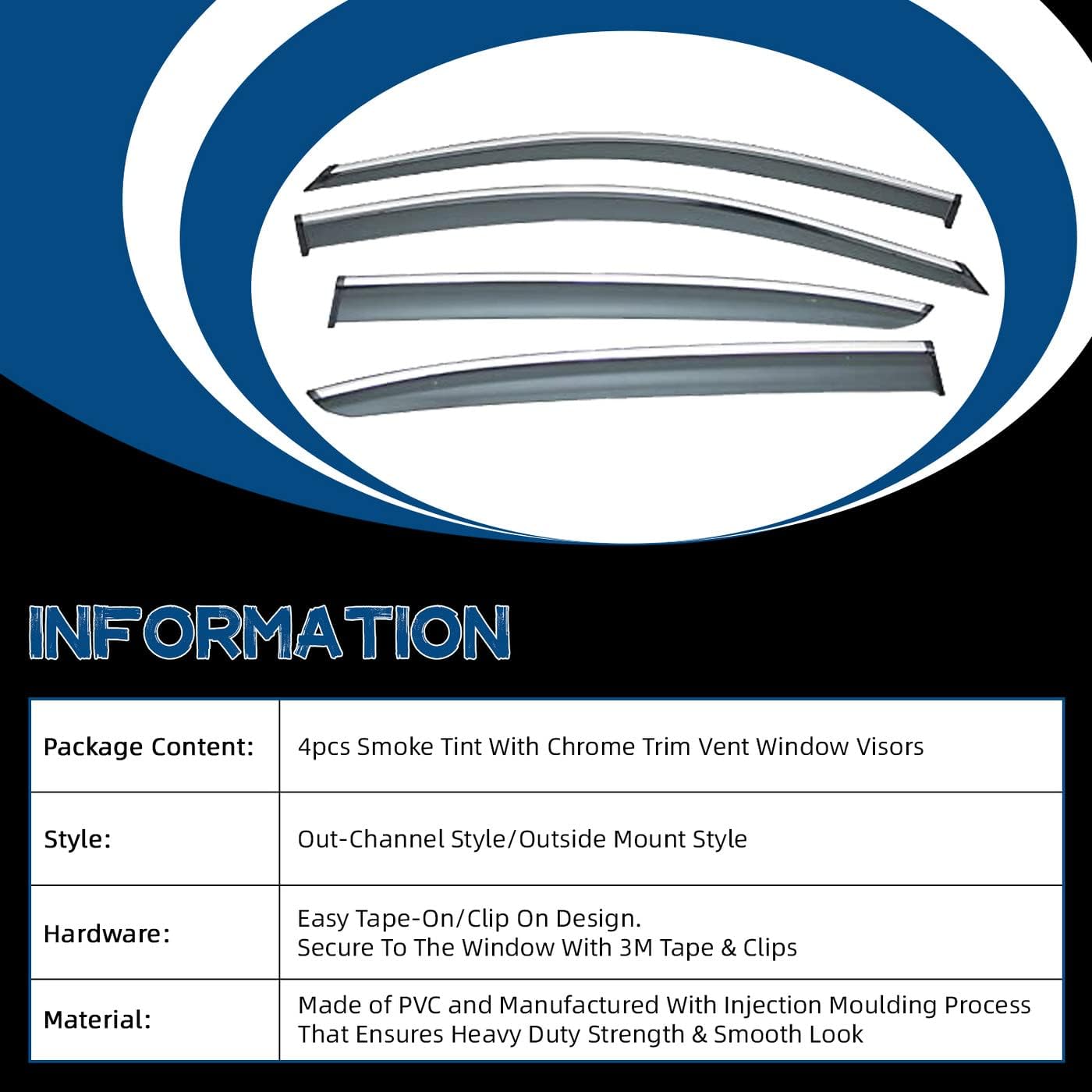 Window Visors Compatible with 13-17 Accord 4-Door Sedan 4pcs Smoke Tint with Chrome Trim Outside Mount Tape On/Clip On Style PVC Sun Rain Guard Vent