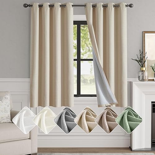 jinchan Cortinas 100% opacas para dormitorio, sala de estar, cortinas opacas de lino de 63 pulgadas de largo, cortinas de oscurecimiento de