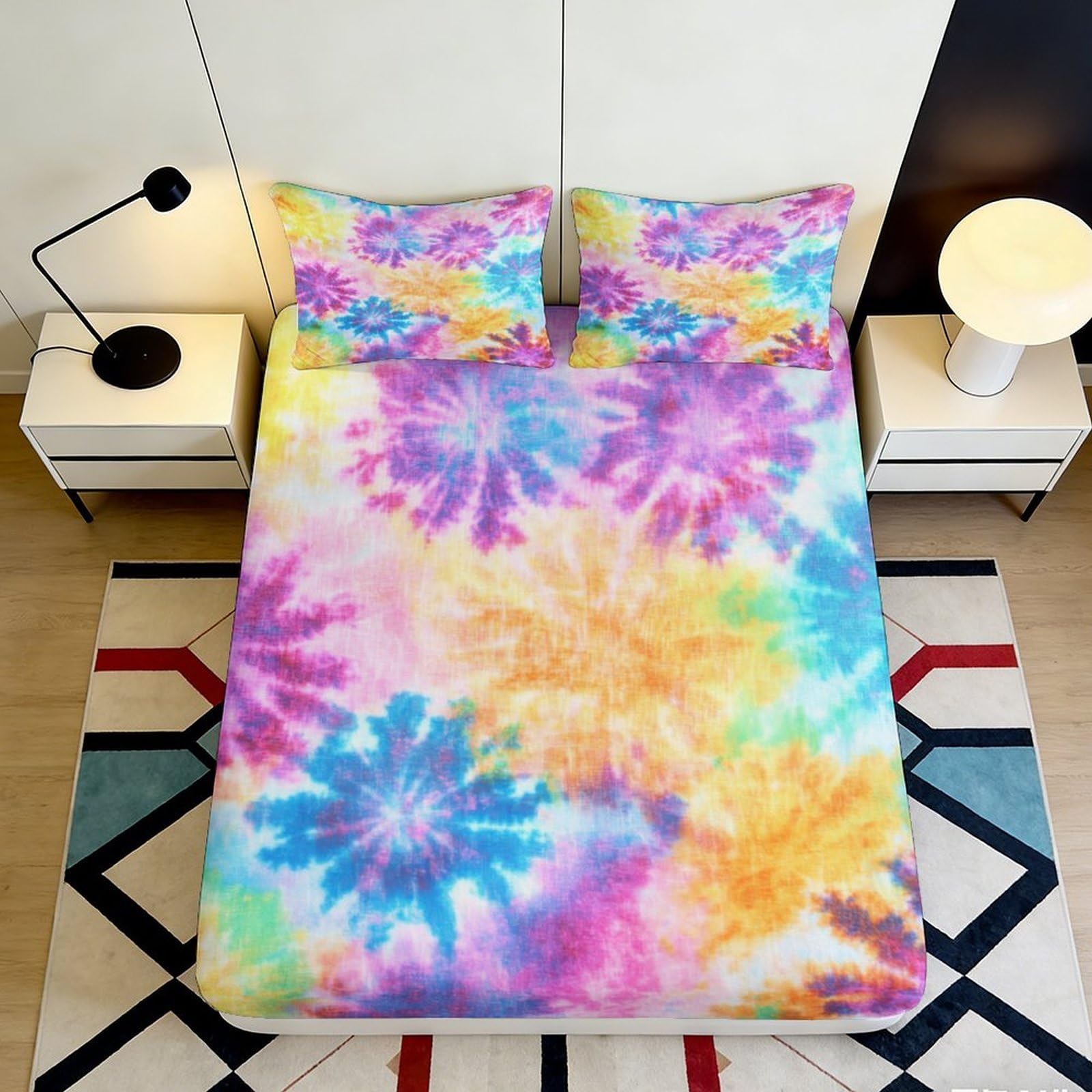 3D Printed Tie Dye Rainbow Fitted Sheet Microfiber Vibrant Swirl Mattress Cover for Bedroom Dorm Decor 90x200x25cm