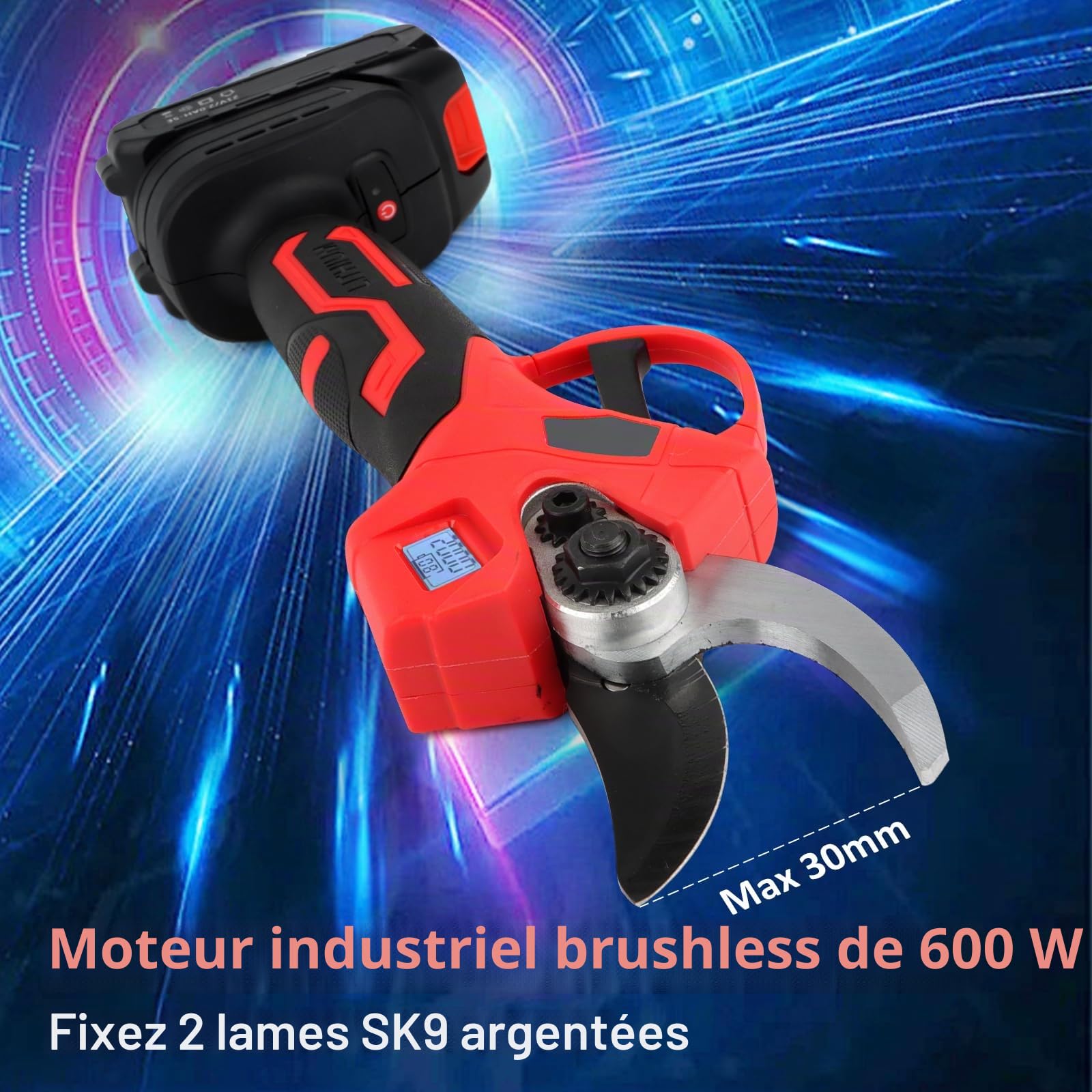 Cisailles électriques de jardin avec batterie 2000 mAh, moteur sans balais, dérivation et compteur LED pour femmes et hommes