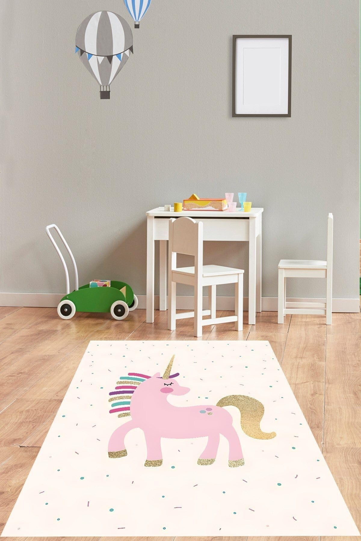 Pelangi Pembe Tek Boynuzlu At Desenli Yıkanabilir Kaymaz Taban Leke Tutmaz Çocuk Odası Halısı, Pembe 120 x 200