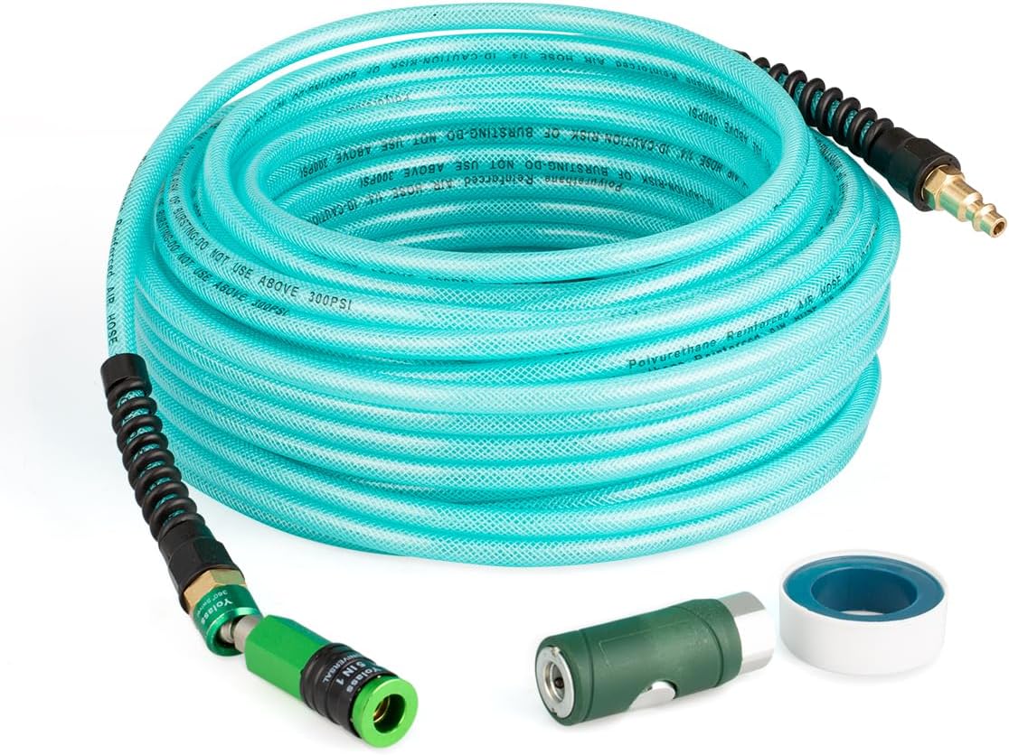 Yolass Air Compressor Hose 1/4”x 100 ft Bule Transparent Flexible Reinforced Polyurethane (pu) Air Hose with 1/4" 360 Swivel Coupler and Plug Fitting,Bend Limiter