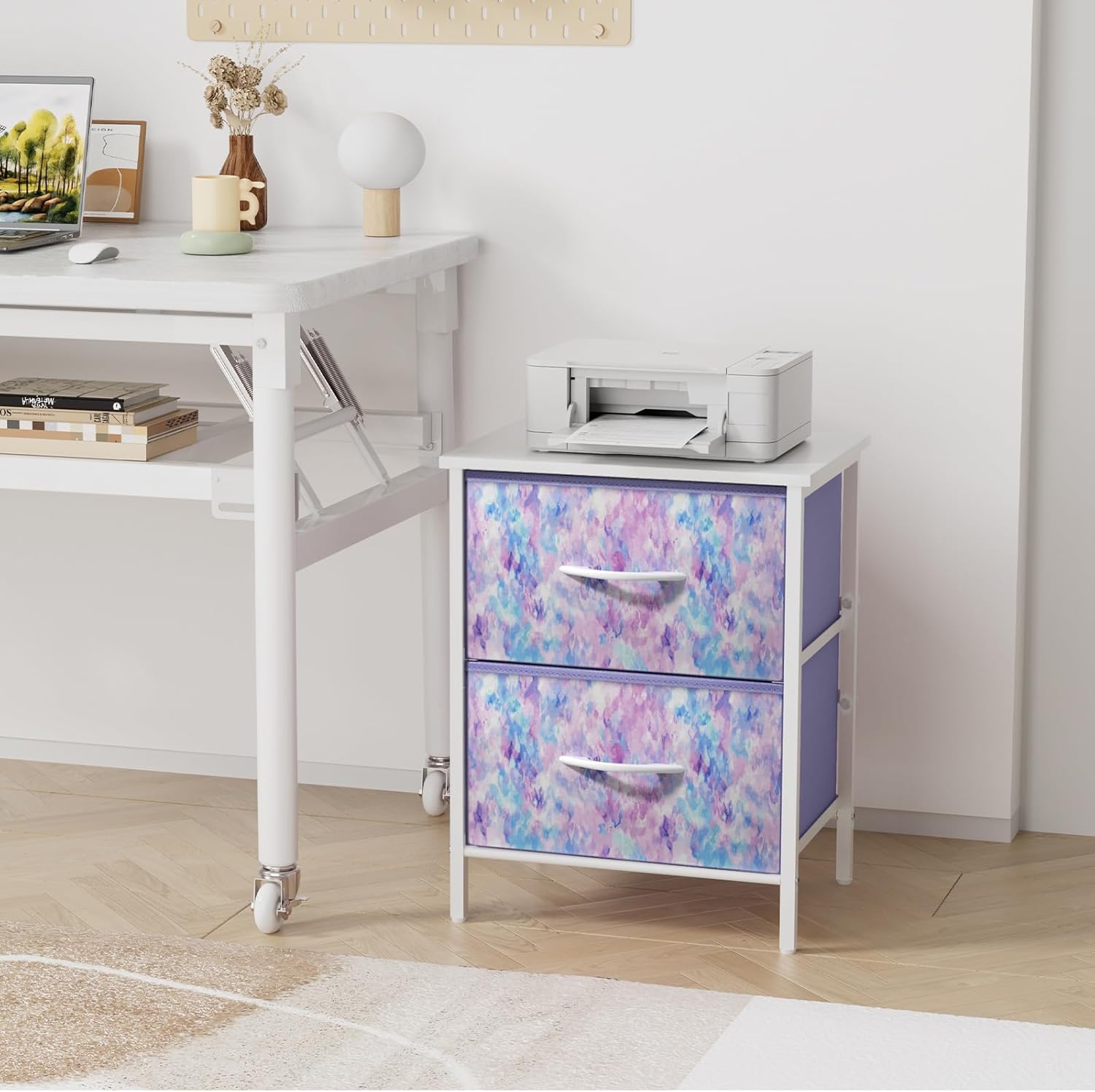 Stero Nightstand, Kids Dresser with 2 Drawers, Steel Frame Bedside Furniture, Wood Top Fabric Night Stand, Colorful End Table for Home, Bedroom, Office, Tie-dye Purple