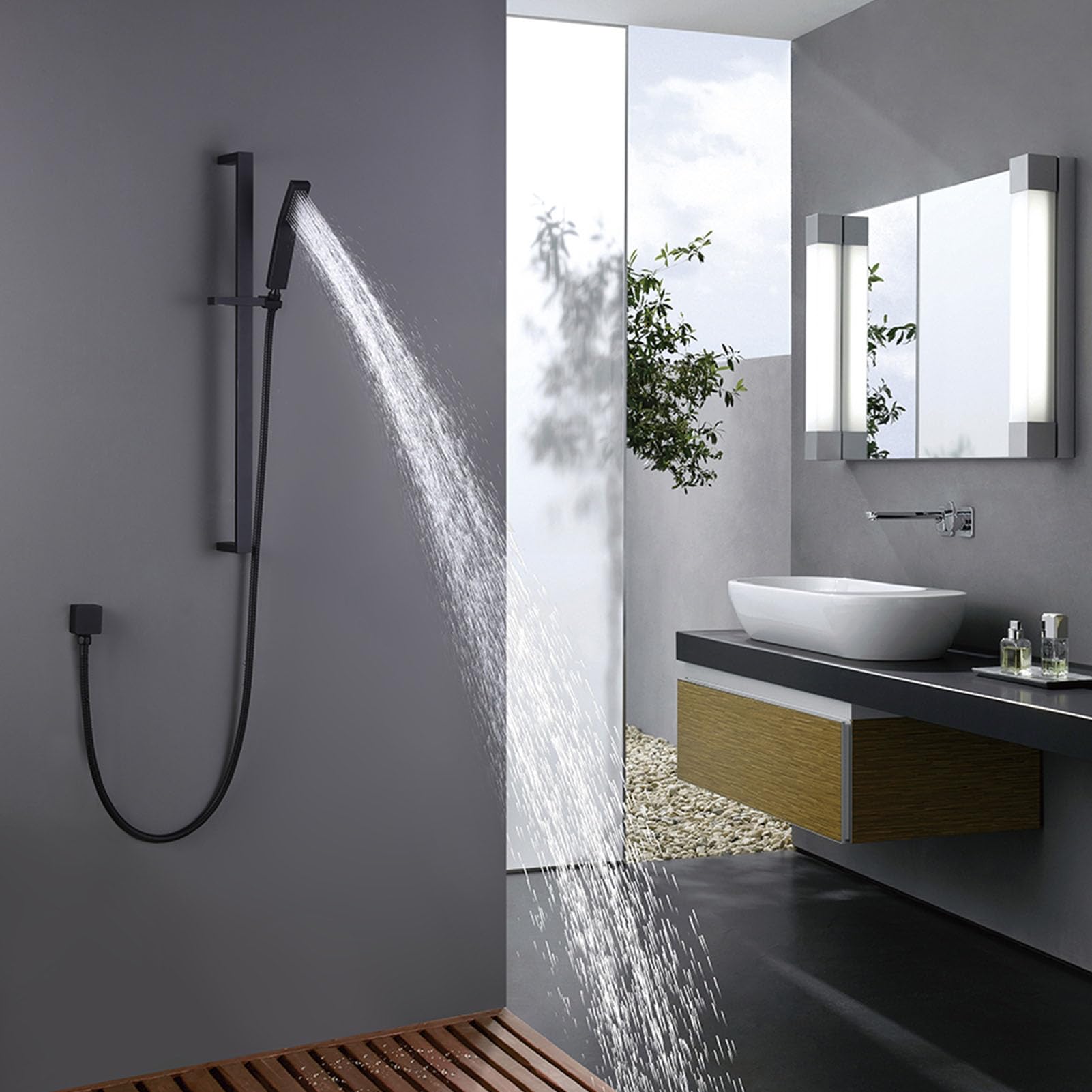 Cabezal de ducha de mano ajustable con acabado negro mate de acero inoxidable 304, barra deslizante de altura ajustable, incluye manguera y codo de salida de latón para una fácil instalación
