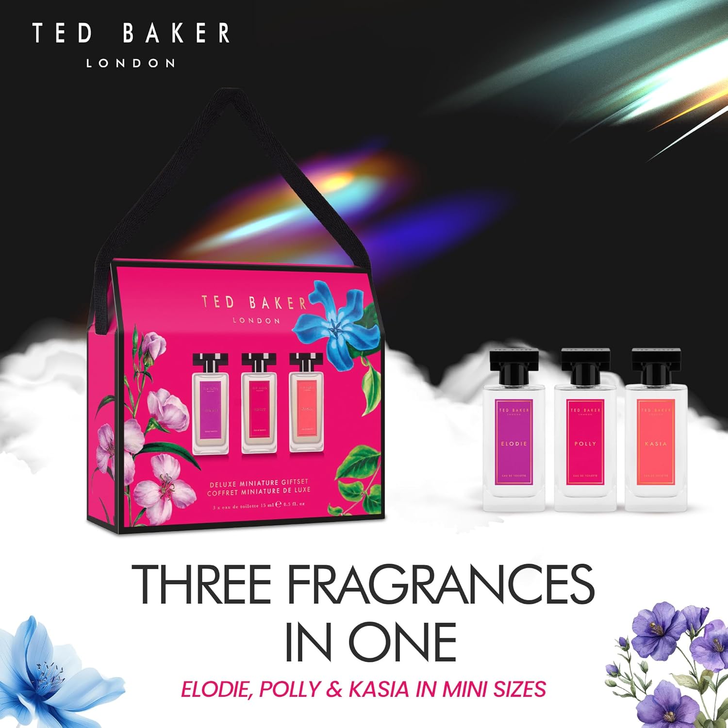 Ted Baker Miniatures Handbag Gift Set for Women, 3 x 15ml Eau de Toilettes Elodie, Polly and Kasia, Fruity Floral & Amber Miniatures in a Deluxe Handbag Box