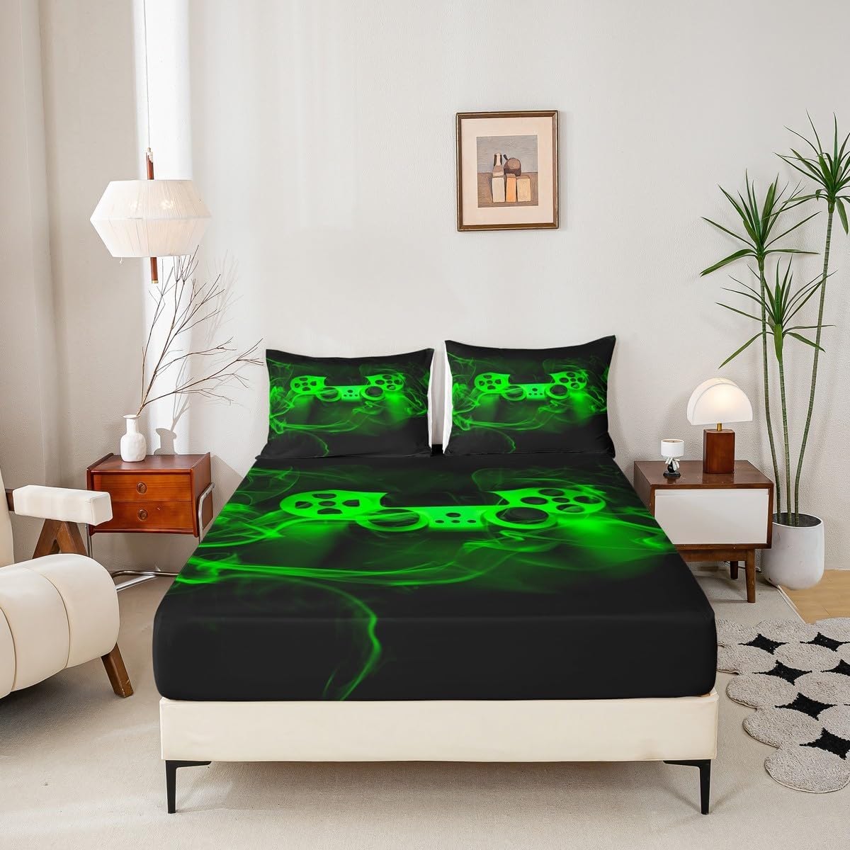 Gamer Fitted Sheet Set Twin Size For Boys Gaming Fitted Bed Sheets For Kids Boys Gamer Room Decor Black Green Smoky Gamepad Games Deep Pocket Trippy Geometric No Top Flat Sheet With 1 Pillow Case image 2