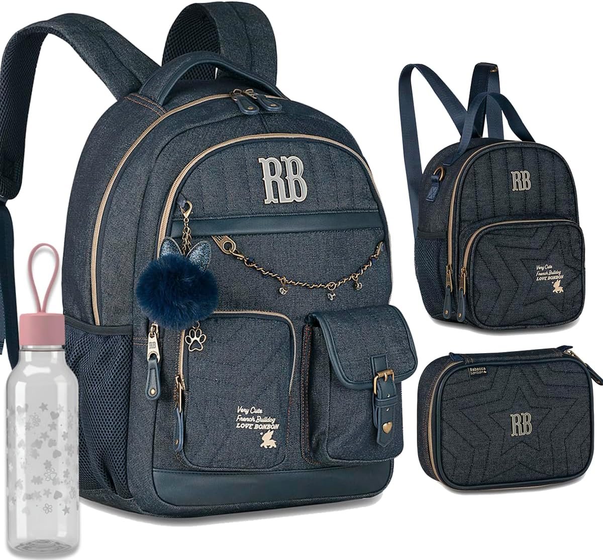 Kit Mochila Escolar Rebecca Bonbon RB 27024 Jeans com Lancheira, Estojo box e Garrafinha coleção 2026