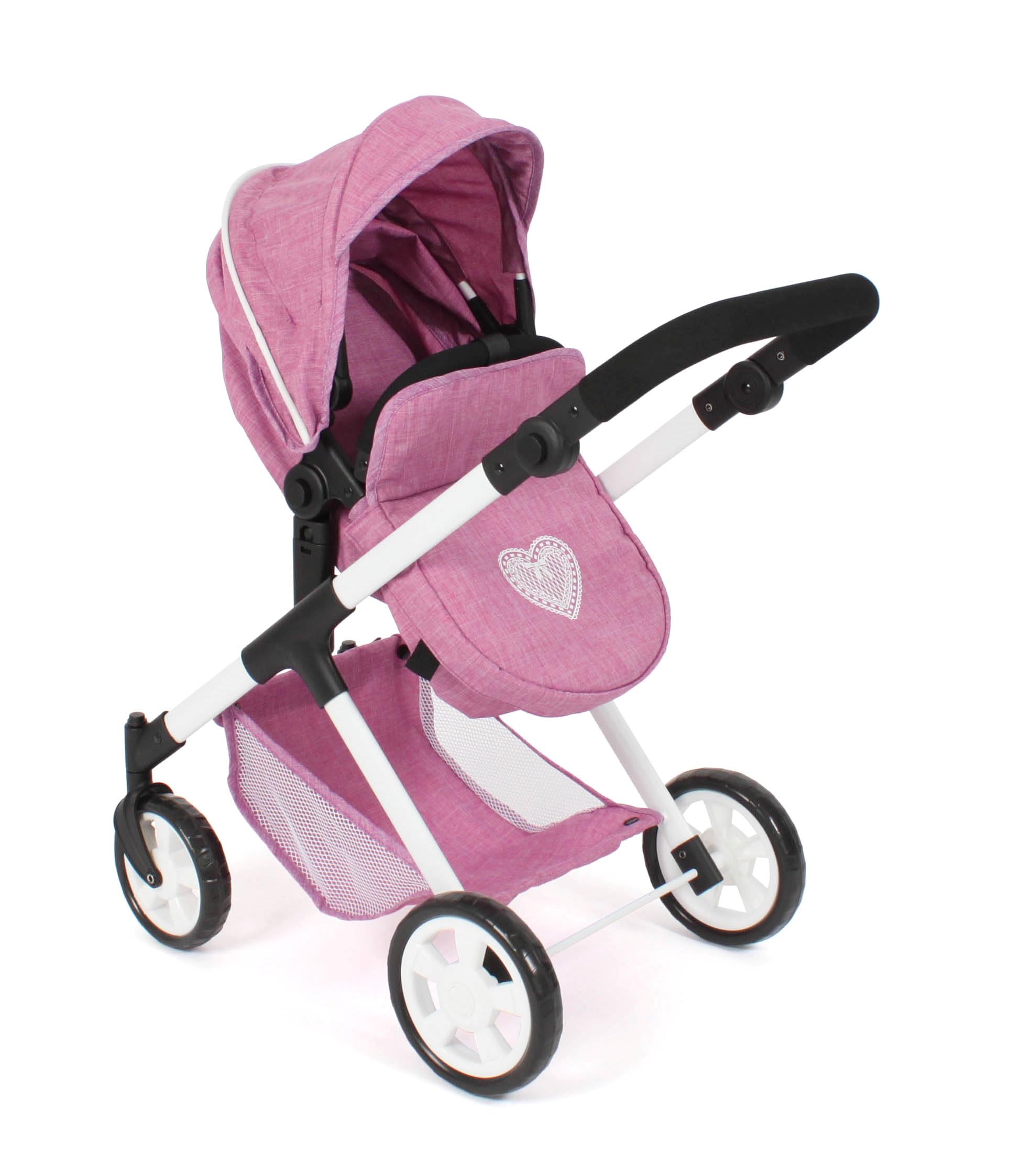 Bayer Chic 2000 2 w 1 wózek dla lalek Mila – dżinsy różowe – uchwyt z regulacją wysokości 39-72 cm – nowoczesny stelaż – lalki do 50 cm – 3-7 J.