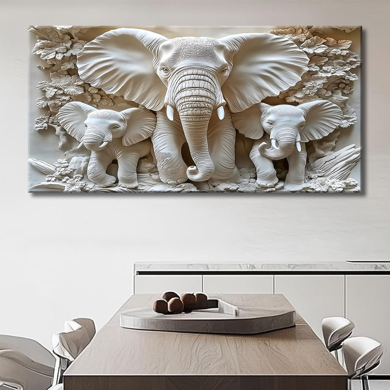 MooMel Large Framed Elephant Family Wall Art Canvas Wall Decor 29x58 Inch Abstract Nature Animal Landscape Wall Art for Living Room Bedroom Home Office Modern Wall Decor.