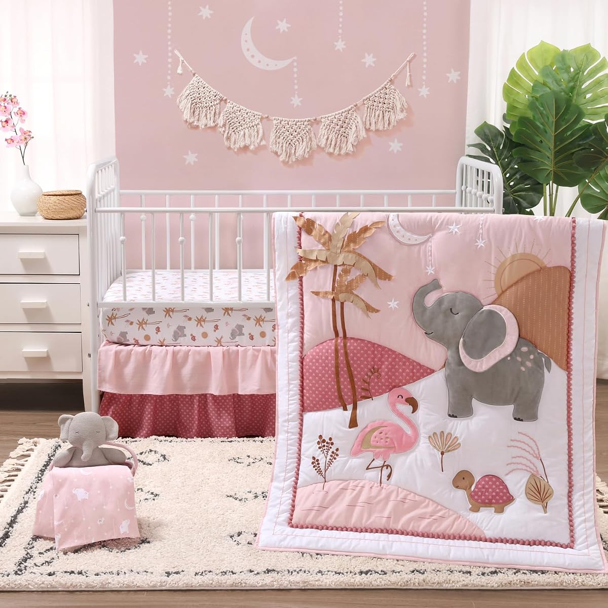 Juego de ropa de cama para cuna de bebé de 4 piezas de algodón orgánico para niñas – Juego de cama para recién nacidos, bebés y niños pequeños, decoración con dos sábanas para cuna, edredón con volantes antipolvo – Safari Oasis
