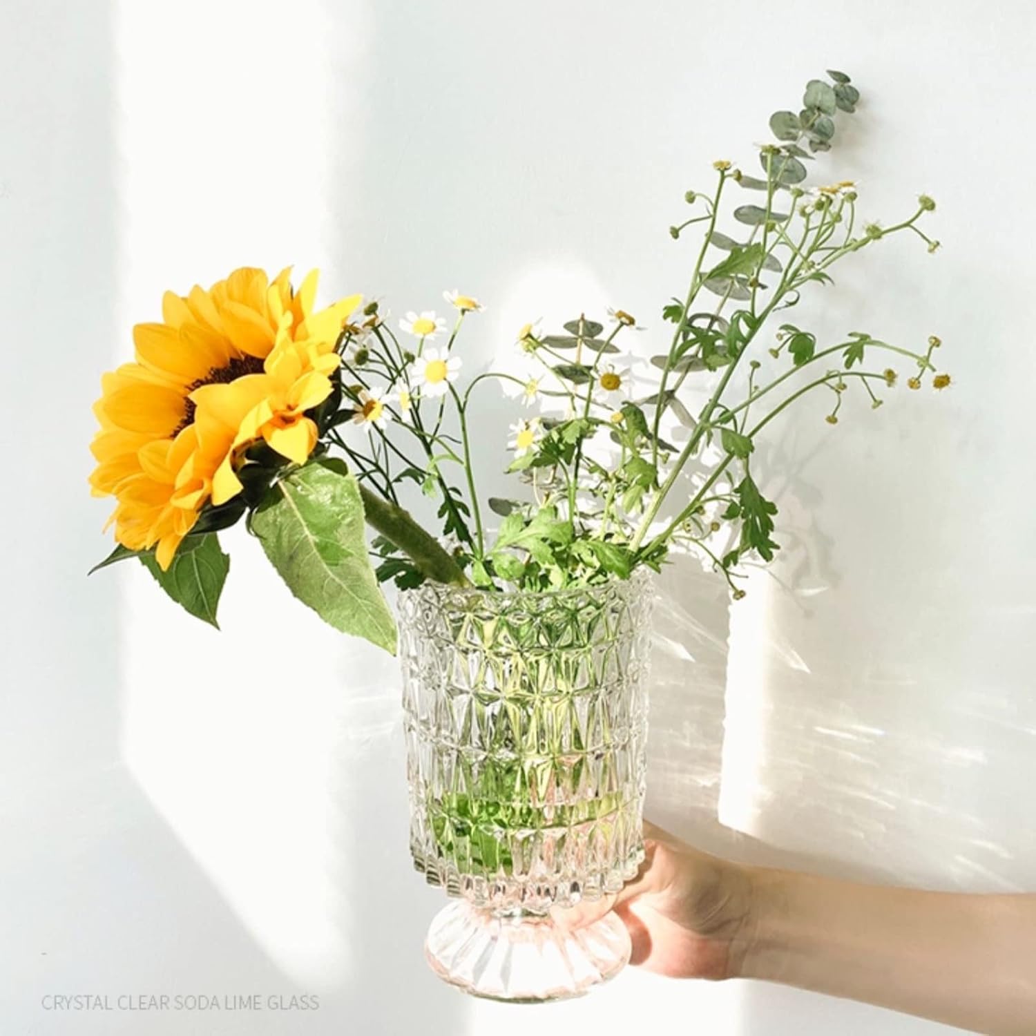 BLOFLO Embossed Glass Vase, 7'' Crystal Glass Vases, Pedestal Big Base Glass Bouquet Vase, Hydroponic Glass Transparent Vase for Home Office Wedding Dining Table Party (Long Rhombus Pattern) - Image 6