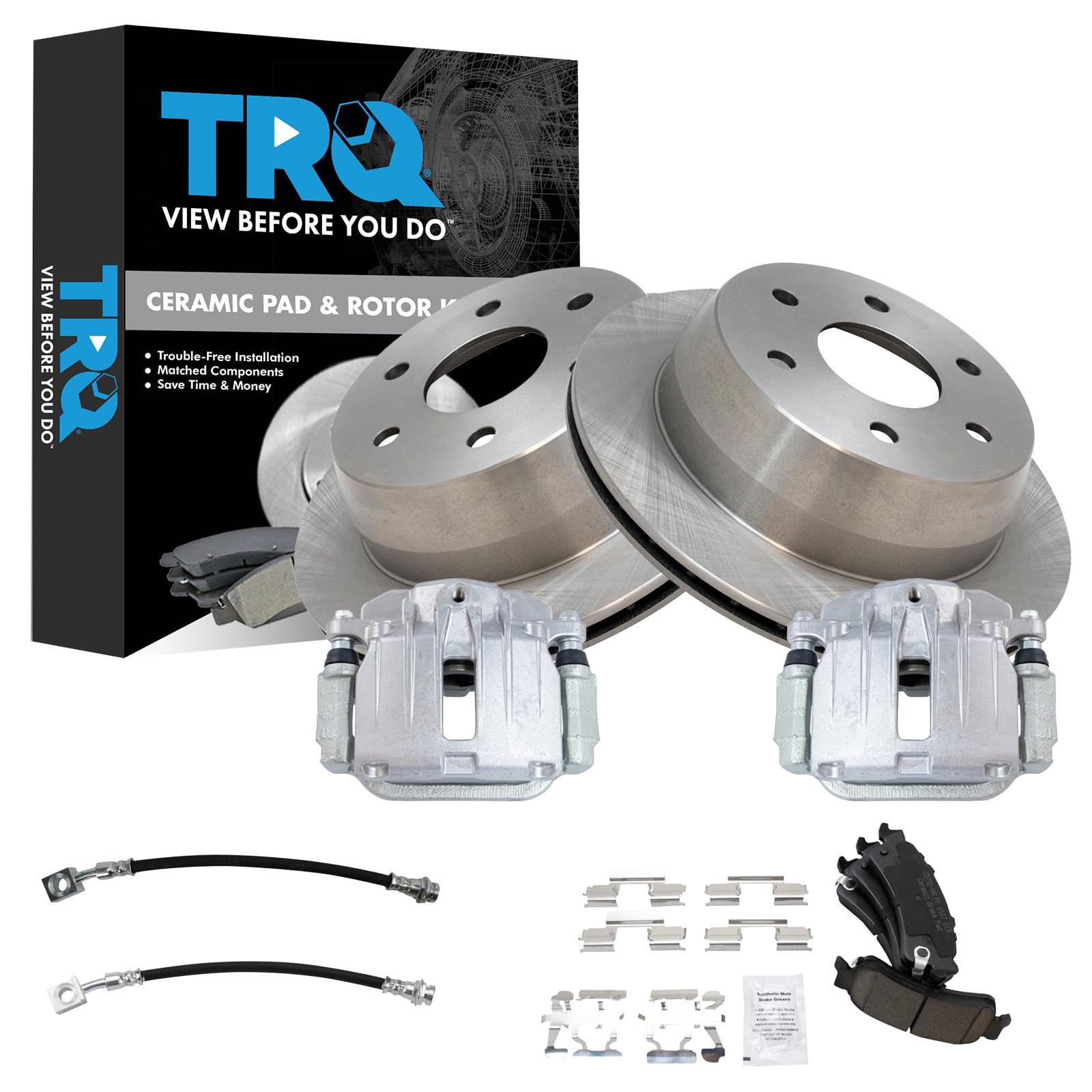 TRQ Rear Brake Pad and Rotor Set Ceramic Rotors Calipers Compatible with 2000-2001 Chevrolet Tahoe GMC Yukon
