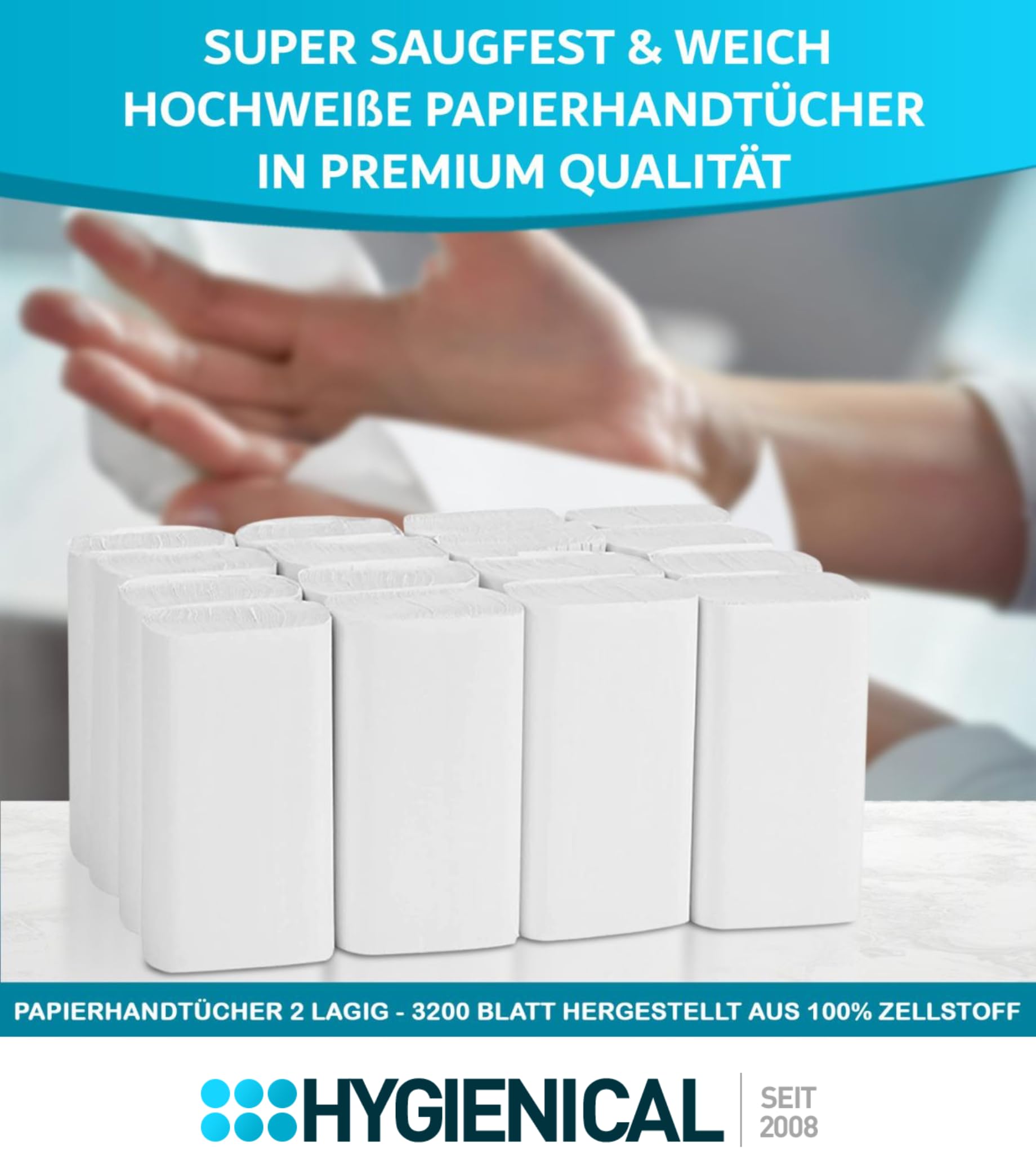 Premium-Papierhandtücher, 2-lagig, Zellstoff, 25 x 21 cm, 3.200 Blatt – Falthandtücher, Top-Handtuchpapier, Hygienischer Betriebsbedarf, Weiß, Für Büro, Gastronomie & Haushalt