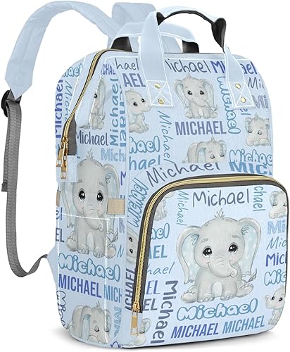 Mochila de pañales personalizada con diseño de elefante lindo para bebé, mochila multifuncional con nombre personalizado para recién nacido con