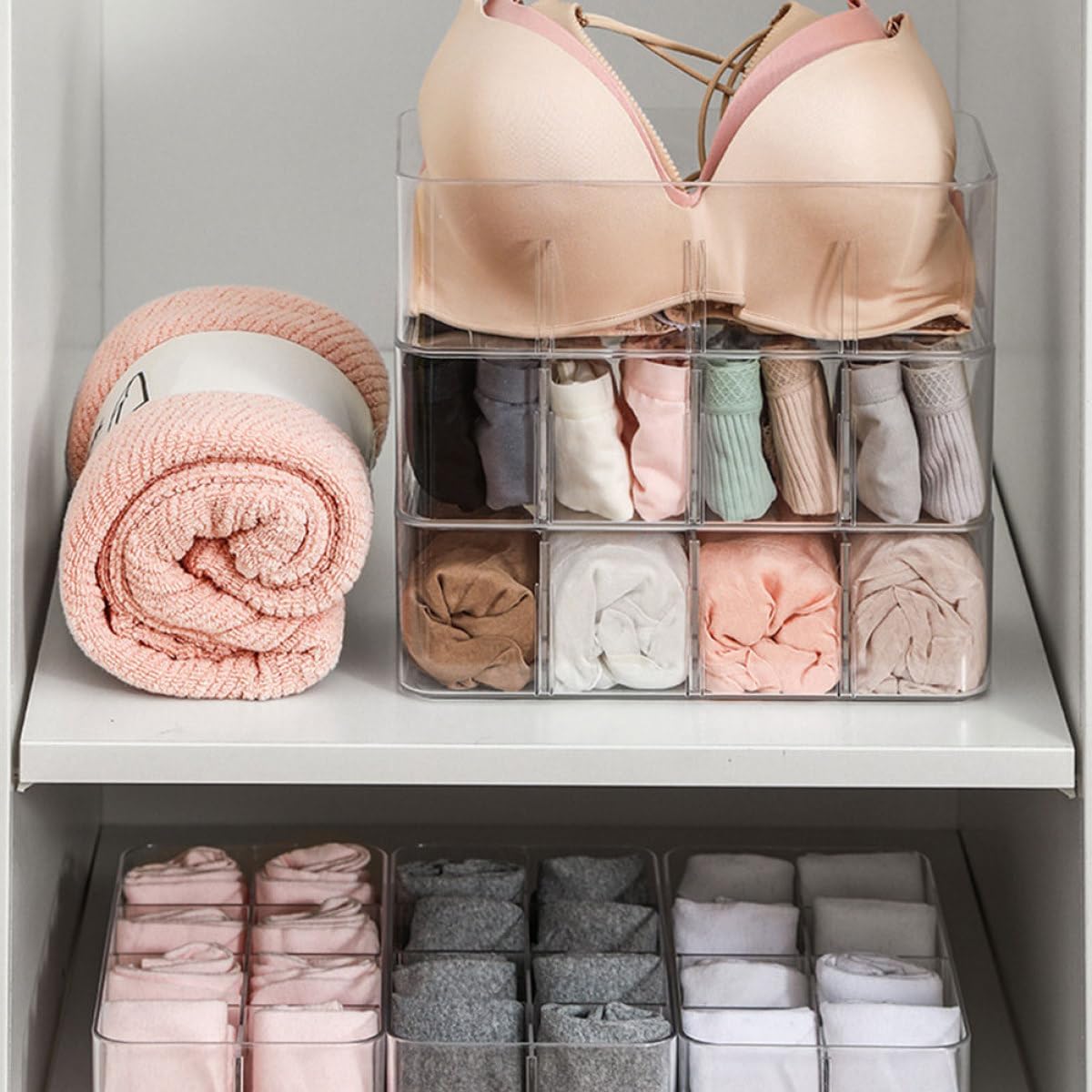 Underwear Storage Box with Lid, 2pcs Closet Drawer Organizer with 4 and 8 Compartments, Plastic Classified Storage Bin for Socks at Home