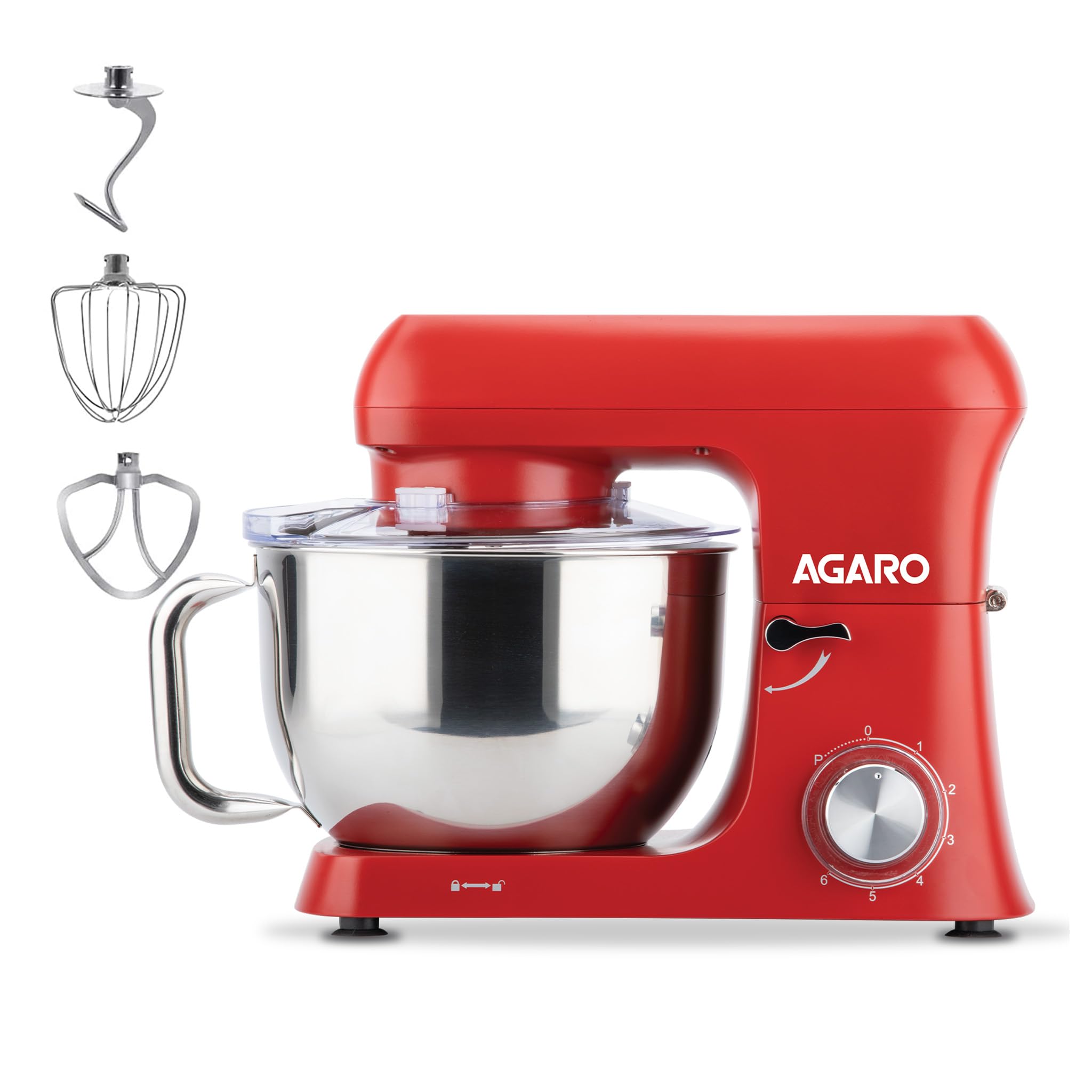 AGARO Supreme Stand Mixer 1500W with 6.2L SS Bowl, 6 Speed Setting, Pulse Function, Die Cast Aluminium Body, Copper Motor, Whisk, Mixing Beater, Dough Hook, Transparent Bowl Cover, Red