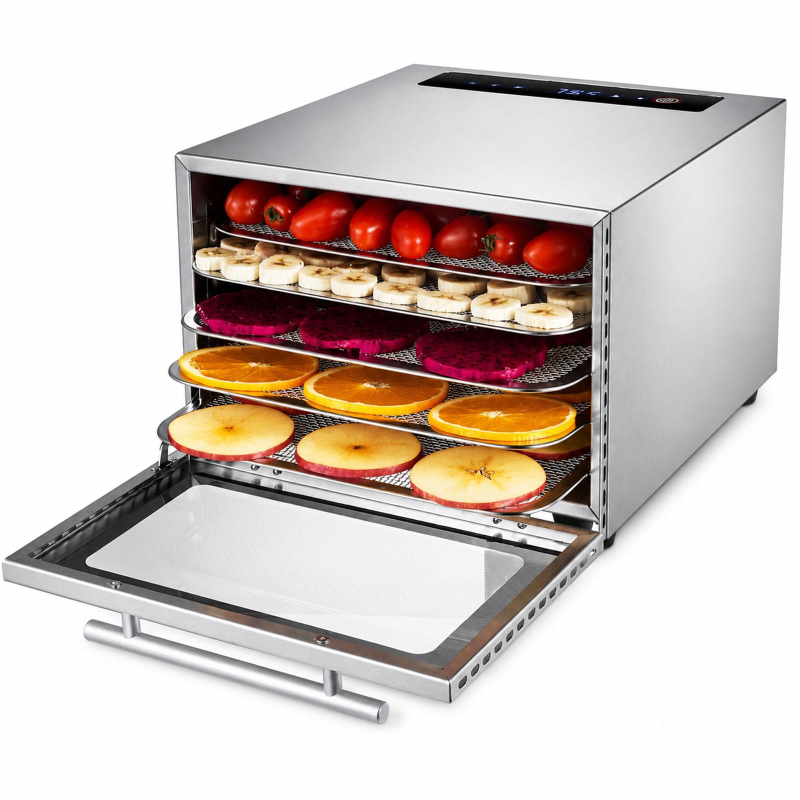 Deshidratador De Alimentos, Secador De Acero Inoxidable Con 5 Bandejas, Control Táctil Digital, Temperatura Ajustable De 20–90 °c, Temporizador De 24 H Y Puerta De Vidrio Para Carne Seca, Hierbas