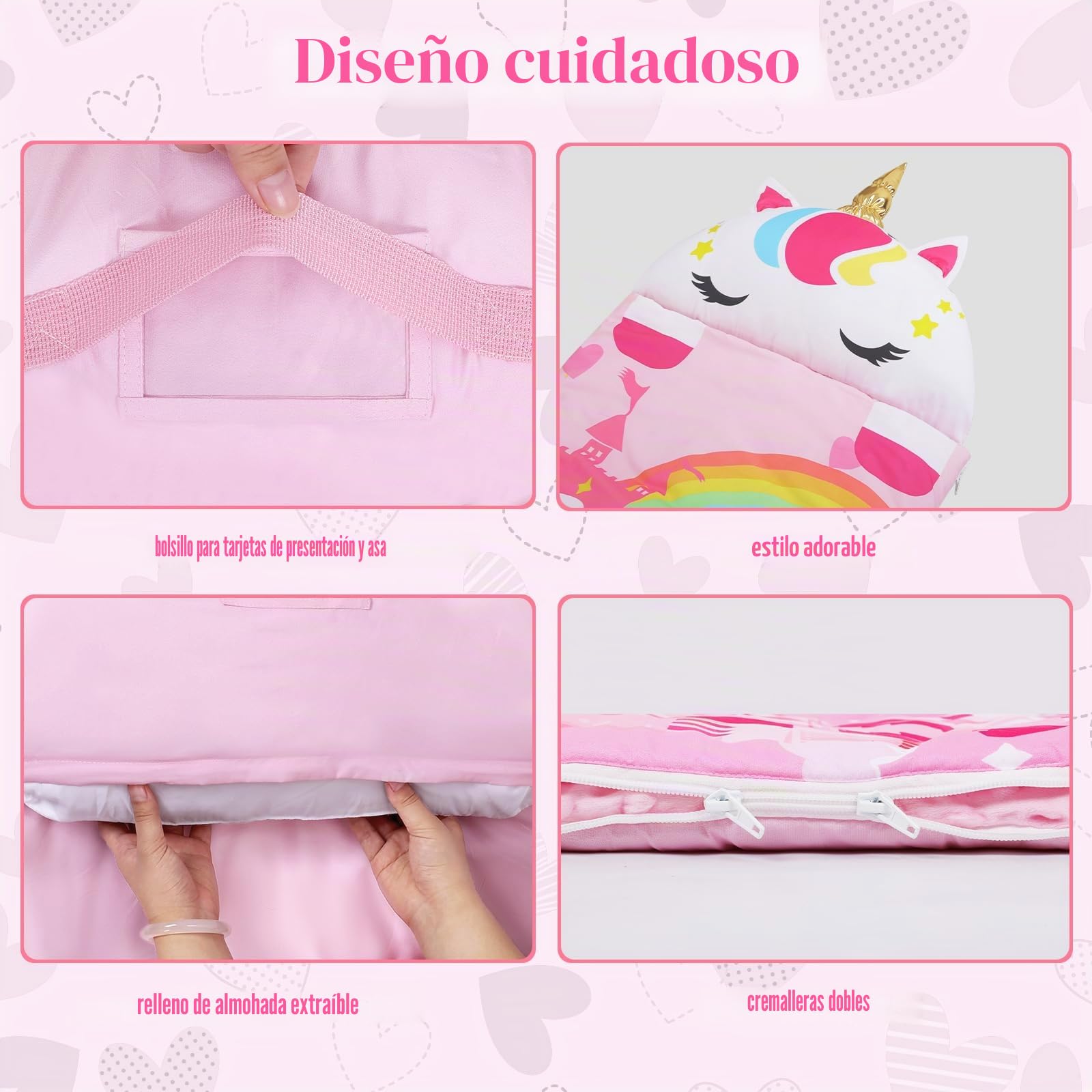 decalsweet Cálida Alfombrilla de Siesta para Niños Pequeños con Almohada Extraíble, Saco de Dormir Plegable para Niñas y Niños, Bolsa de Dormir con Cremallera para Camping Siesta, 150×60cm