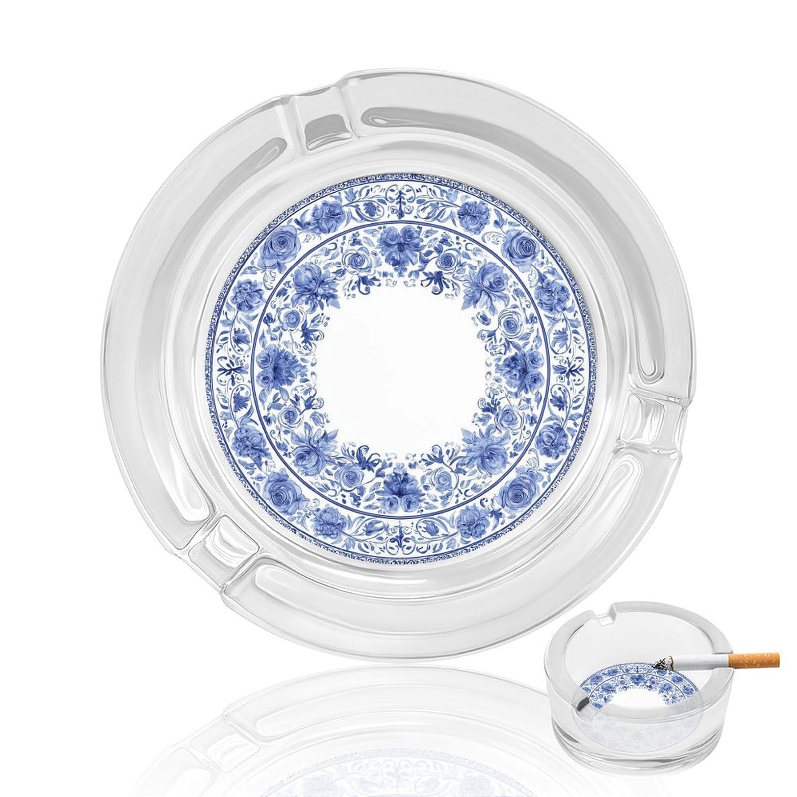 Blue And White Floral Pattern Feminine Aesthetic Glass Ashtray for Cigarettes Portable Decorative Ash Trays for Home Office Decor