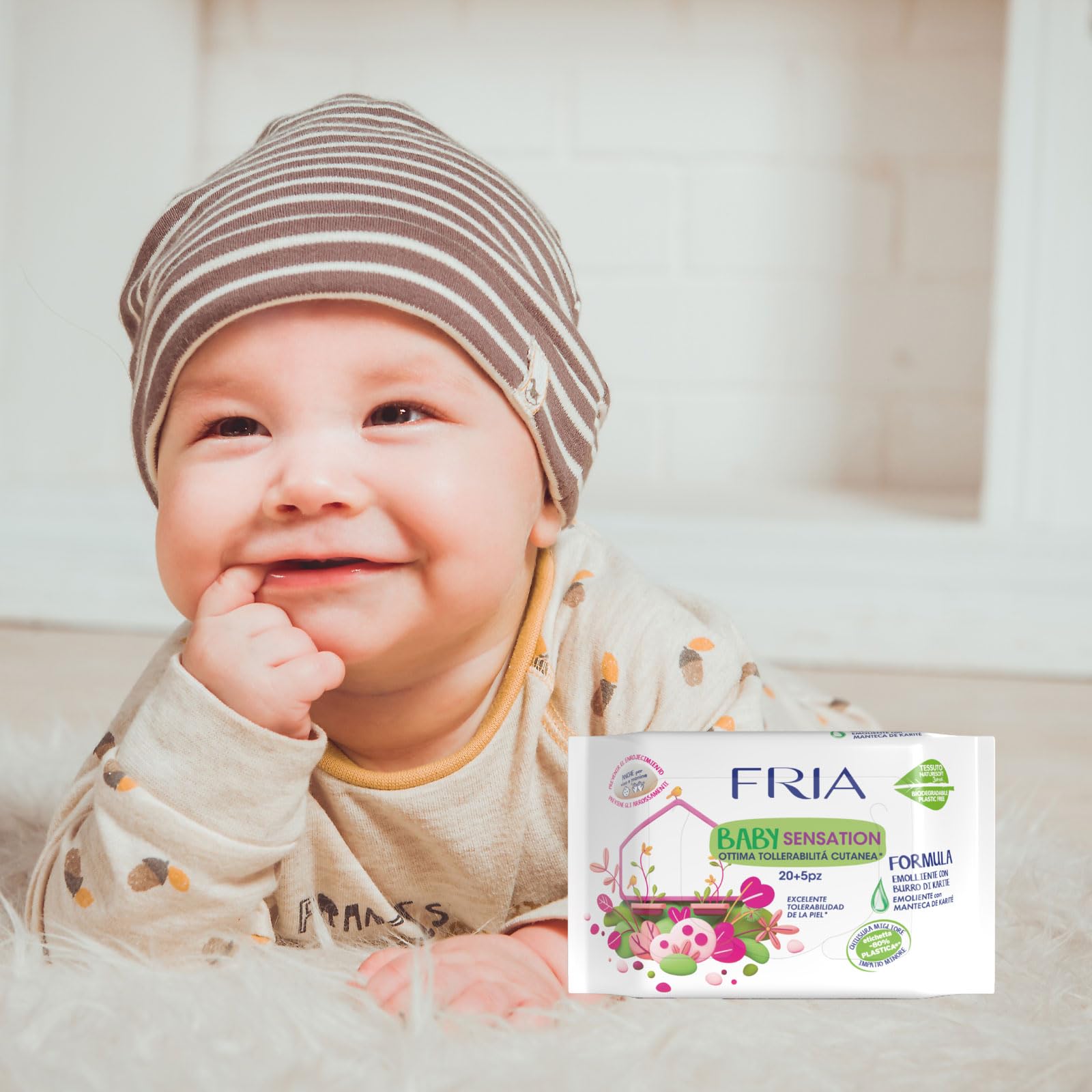 Fria Baby Sensation Salviette per Cambio Pannolino, con Burro di Karitè ad Azione Emolliente sulla Pelle, Dermatologicamente Testate, Pratica Confezione da Borsa con 20+5 Salviette