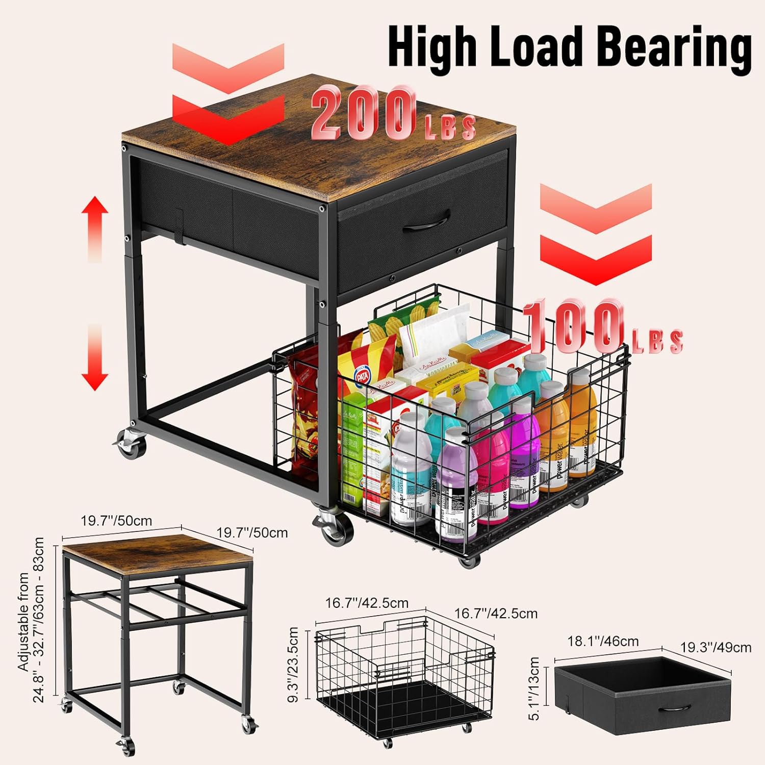 Housolution Mobile Mini Fridge Stand with Storage, Height-Adjustable Mini Beverage Fridge Table, Coffee Bar, 200 lbs Heavy-Duty Compact Refrigerator Shelf with Rolling Cabinet for Kitchen Home Office
