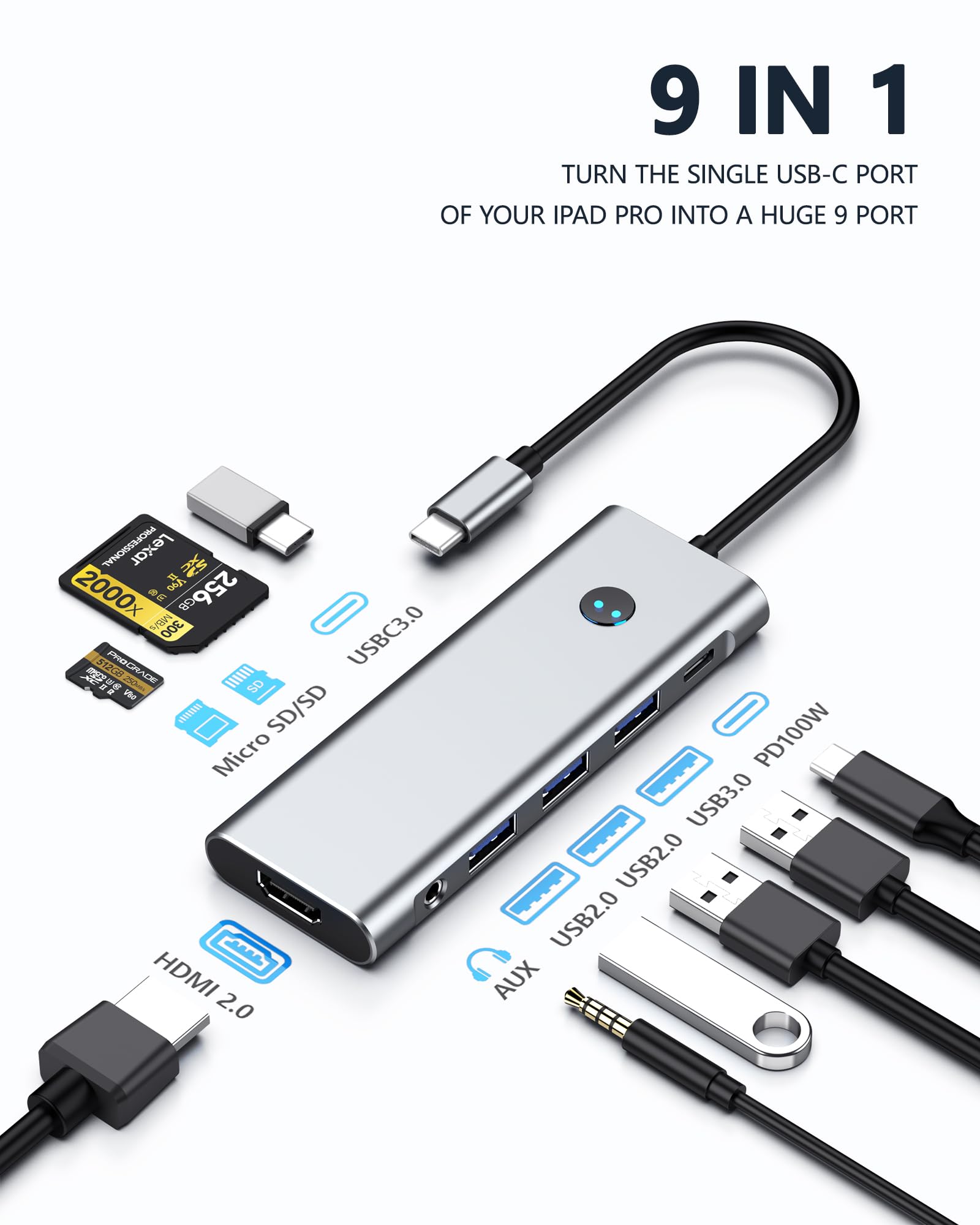 USB C HUB for iPad Pro Adapter 4K 60Hz HDMI, 100W PD, SD/TF Card Reader, 3 USB A Port, 3.5mm Audio Jack, 9 in 1 USB C Dock for iPad Air/Galaxy Dex/Tablet/MacBook/iMac/iPhone 17/Steam Deck/HP/Dell