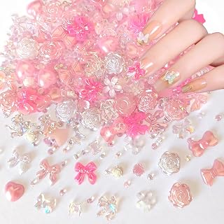 3D Nail Charms Multi Styles Pink White Flatback Resin Butterfly Nail Charms Rose Flower and Sharp Bottom AB Rhinestones Pearls for DIY Nail Art Decoration Making Craft