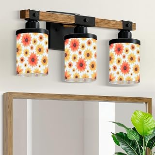 3-Light Bathroom Light Fixtures Watercolor Seamless Colorful Sunflowers White Flowers tiling Vintage Vanity Light Over Mirror Matte Black Metal Wall Sconces with Glass Shades E26 Socket