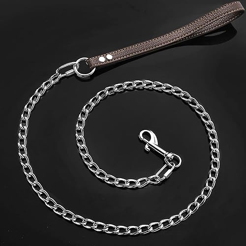 Miniatura 5 de Correa de cadena resistente para perro, correa de cuero con eslabones de acero inoxidable a prueba de mordidas de 4 pies6 pies, con clip de conexión