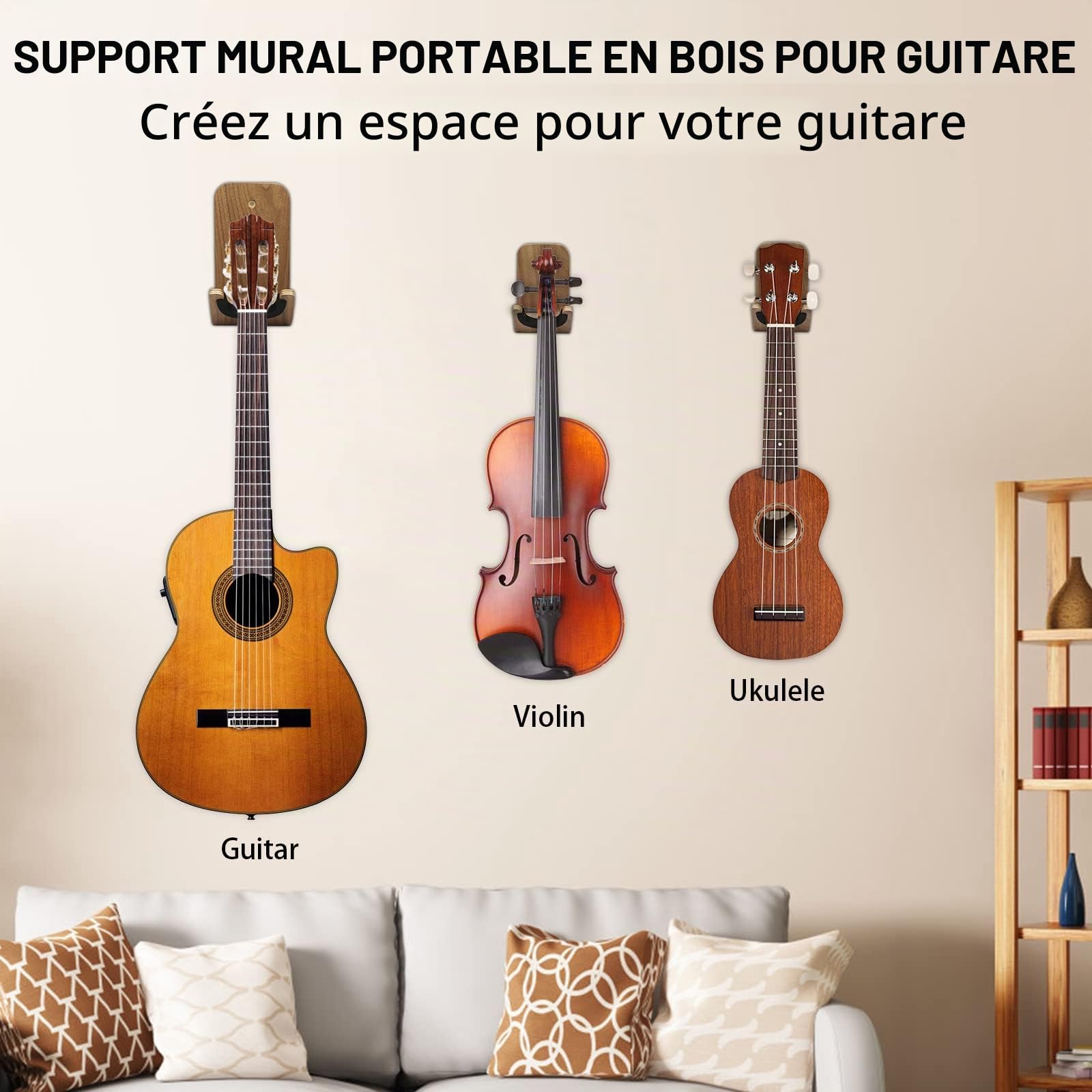 Support Mural pour Guitare, Support de Crochet de Guitare en Bois avec Vis et Adhésif pour Ukulélé, Basse, Guitare Acoustique et électrique,Guitare