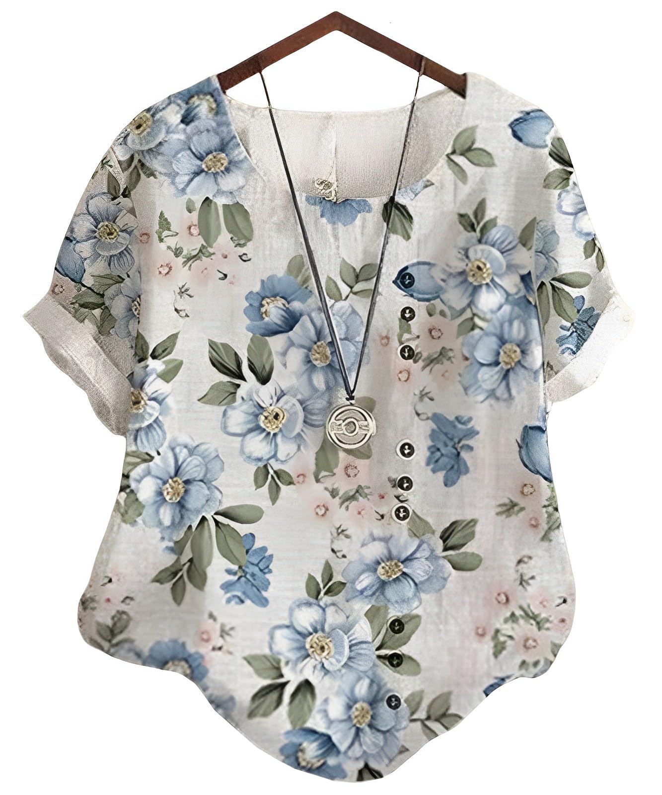 [セカンドルーツ]ボタニカル ブラウス プリント 花柄 リーフ柄 半袖 飾りボタン インナー トップス 夏 レディース 223S M～3XL