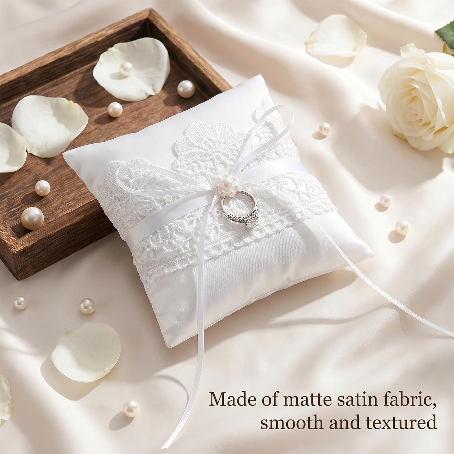 Wedding Ring Bearer Pillow Lace Pearl Bow Ring Pillow Cushion Bearer for Wedding Party Ceremony Proposal, 5.51 × 5.51 inches