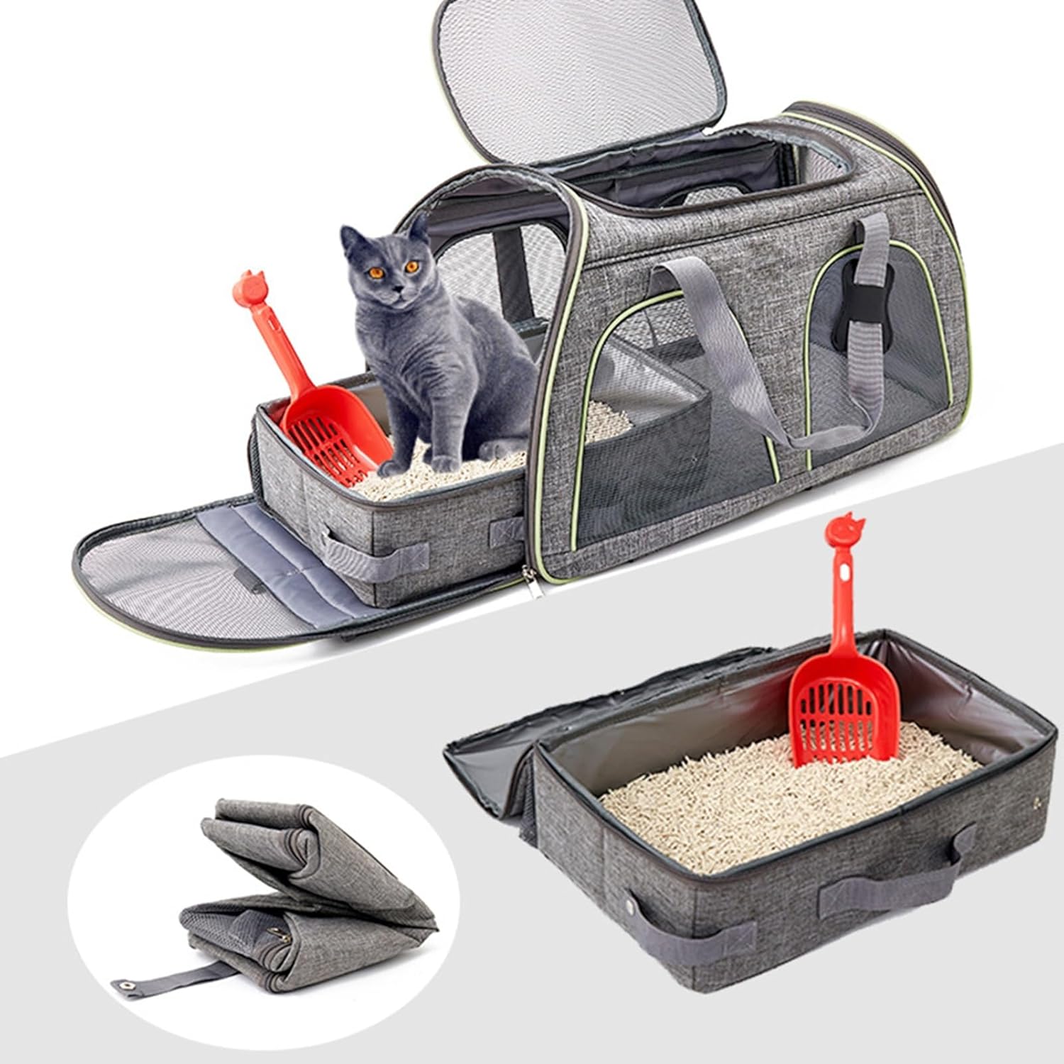 Cat Travel Litter Box, Portable Collapsible Pet Litter Box with Lid, Leak-Proof Foldable Small Cat Carrier for Travel and Outdoor Use (Rectangular)