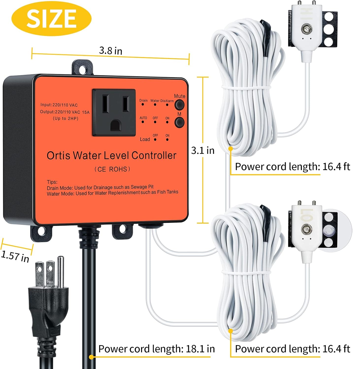 Dimensions of the Ortis Water Level Controller and sensor cables