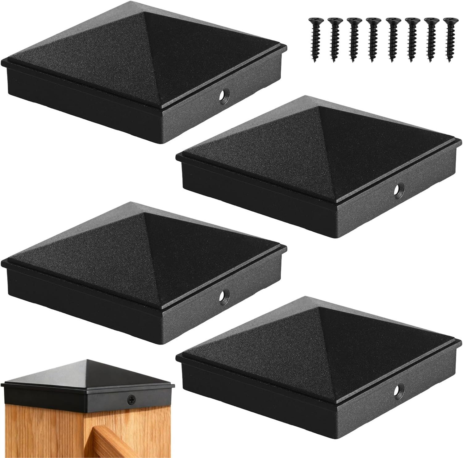 4 Pcs 6x6 Fence Post Caps - Aluminum Pyramid with 8 Screws, 5-5/8 x 5-5/8 in Wood Posts, Weatherproof, Rustproof, Deck Post Caps for Fences Decks Wood Post or Corridors