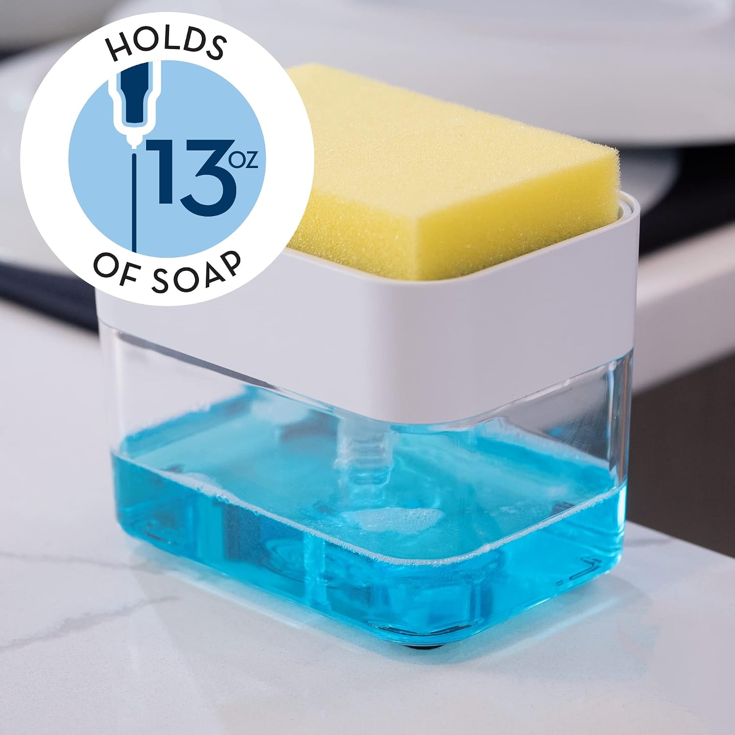 S&T INC. Dish Soap Dispenser and Sponge Holder for Kitchen Sink with Enhanced Features, Sponge Included, 13 Ounces, Matte White