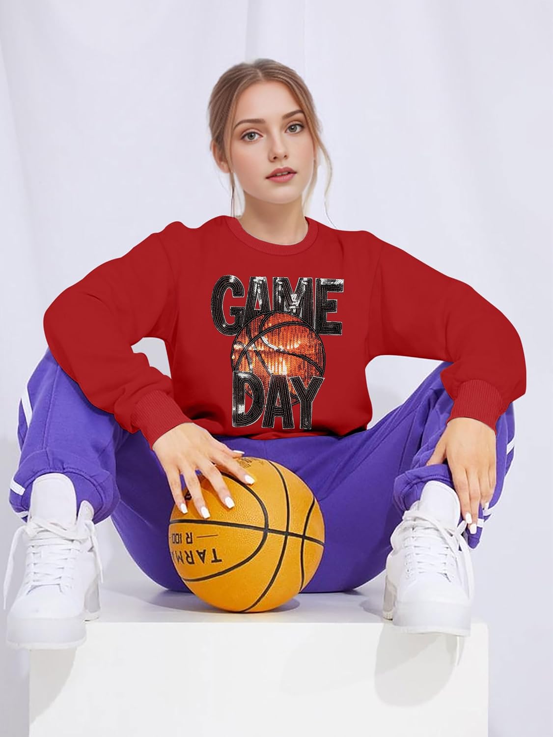 VVNTY Basketball Game Day Sweatshirts for Women: Sequin Game Day Letter Shirts Basketball Mama Pullover Tops