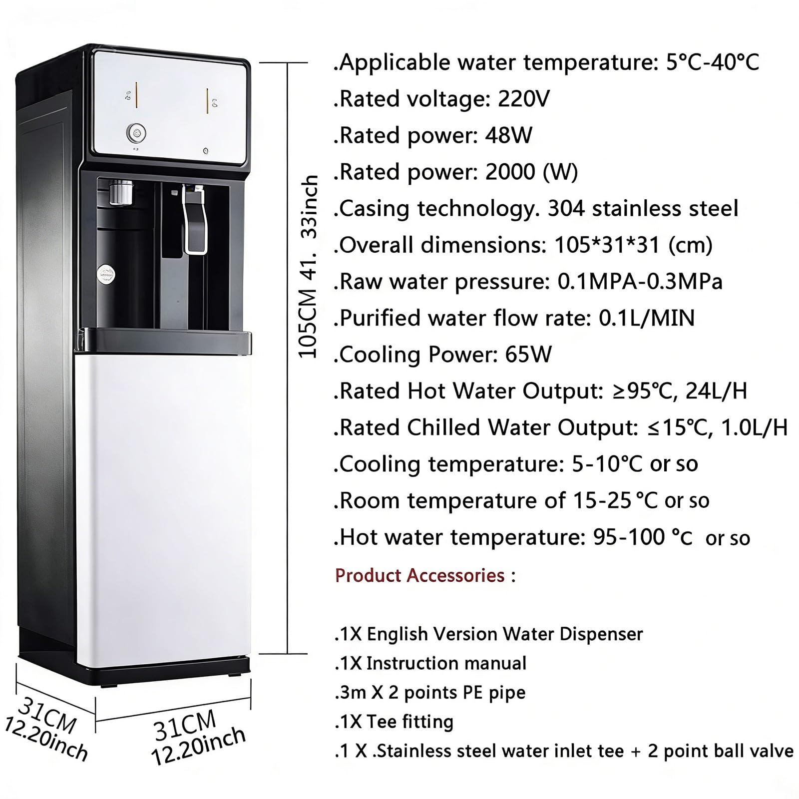 Standgerät Wasserspender, Direkttrinkwasserspender Wasser Spender Automat Chauffe En 3 Secondes 3 Niveaux De Température Kindersicherung Ideal Zuhause Und Büro Kaffee Tee Bar Oder Wohnheim