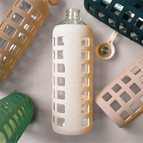 Miniatura 7 de purifyou Botella de Agua de Vidrio Borosilicato de 40oz 32oz 22oz 12oz con Marcadores de Tiempo y Volumen, Funda de Silicona, Tapa de Acero