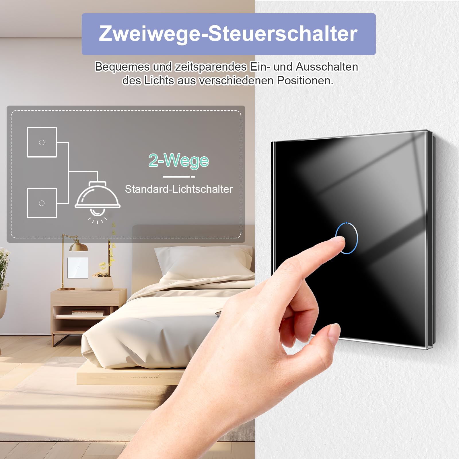 CNBINGO Touch Lichtschalter,Glas Lichtschalter Unterputz 1 Fach 2 Weg Wandschalter mit Glasrahmen 86mm Touch Schalter,Weiß,4 PCS