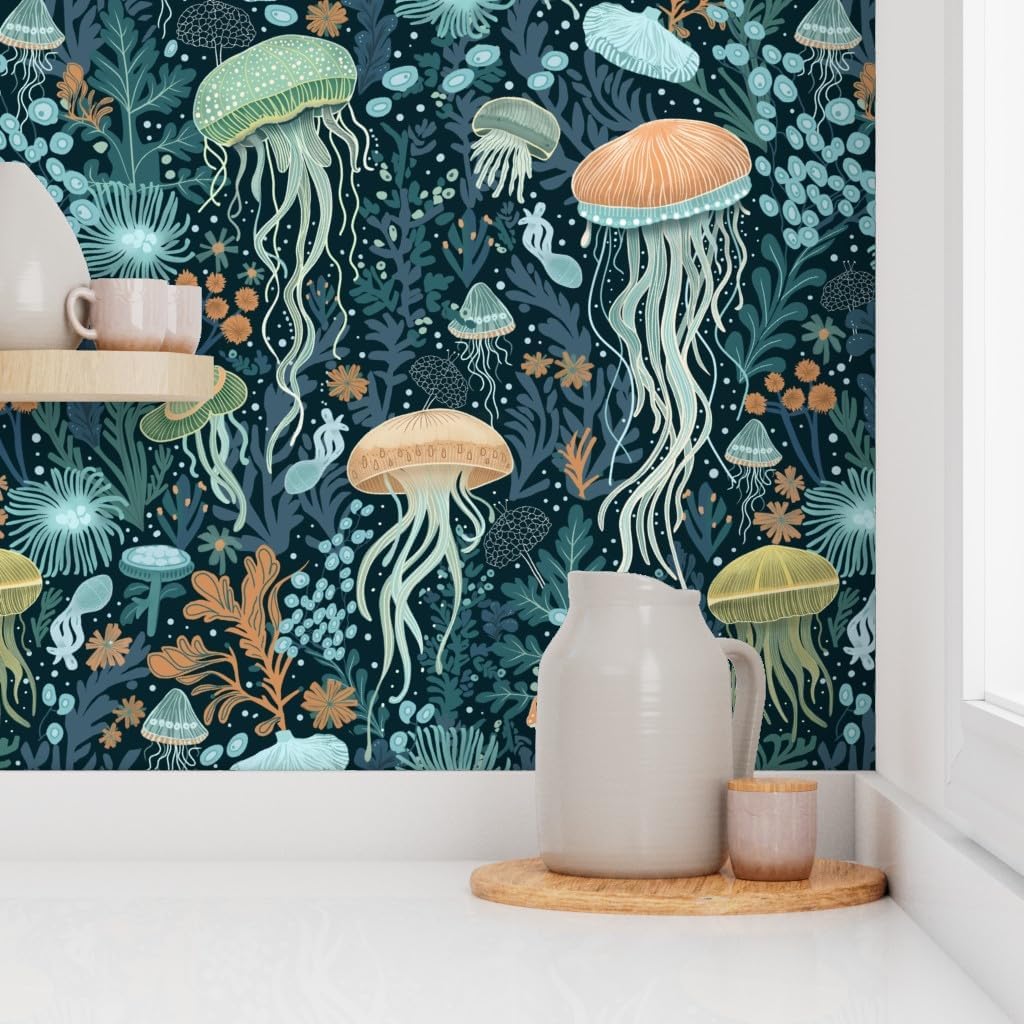 Removable Wallpaper 12ft x 2ft - Blue Jellyfish Under The Sea Ocean Life Seaweed Hand Drawn Coastal Custom Pre-Pasted Wallpaper by Spoonflower