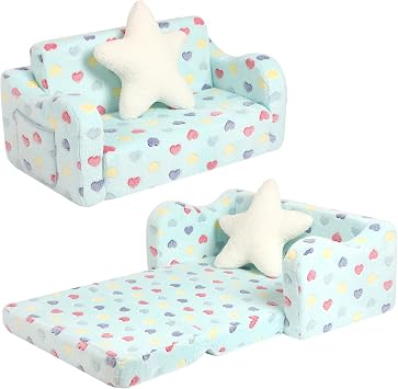 Extra Wide Seating Toddler Couch, 2-in-1 Convertible Toddler Chair to Lounger with Star Pillow