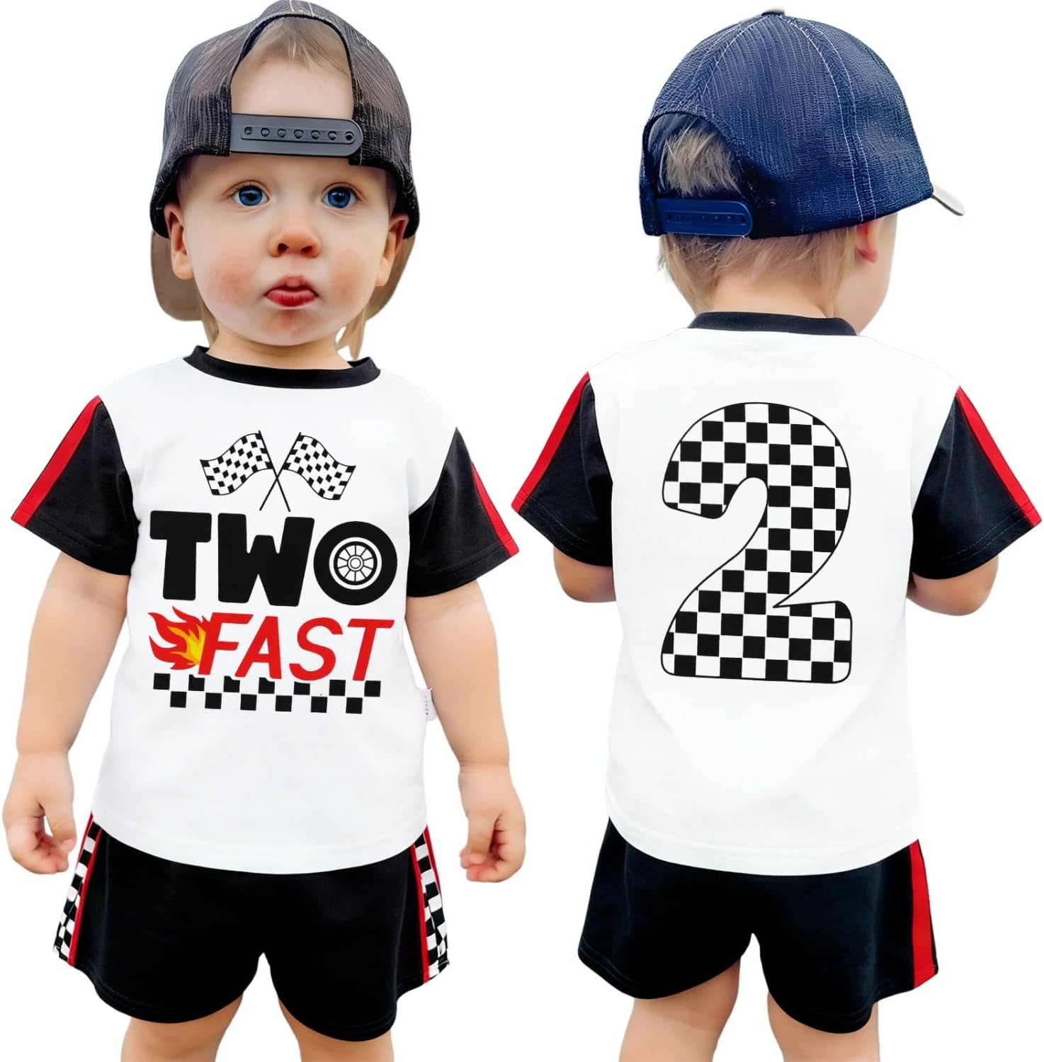 Ritatte Two Fast 2nd Birthday Outfit for Boys Race Car Toddler Boy 2 Piece Short Set Checkerboard 2 Year Old Birthday Clothes