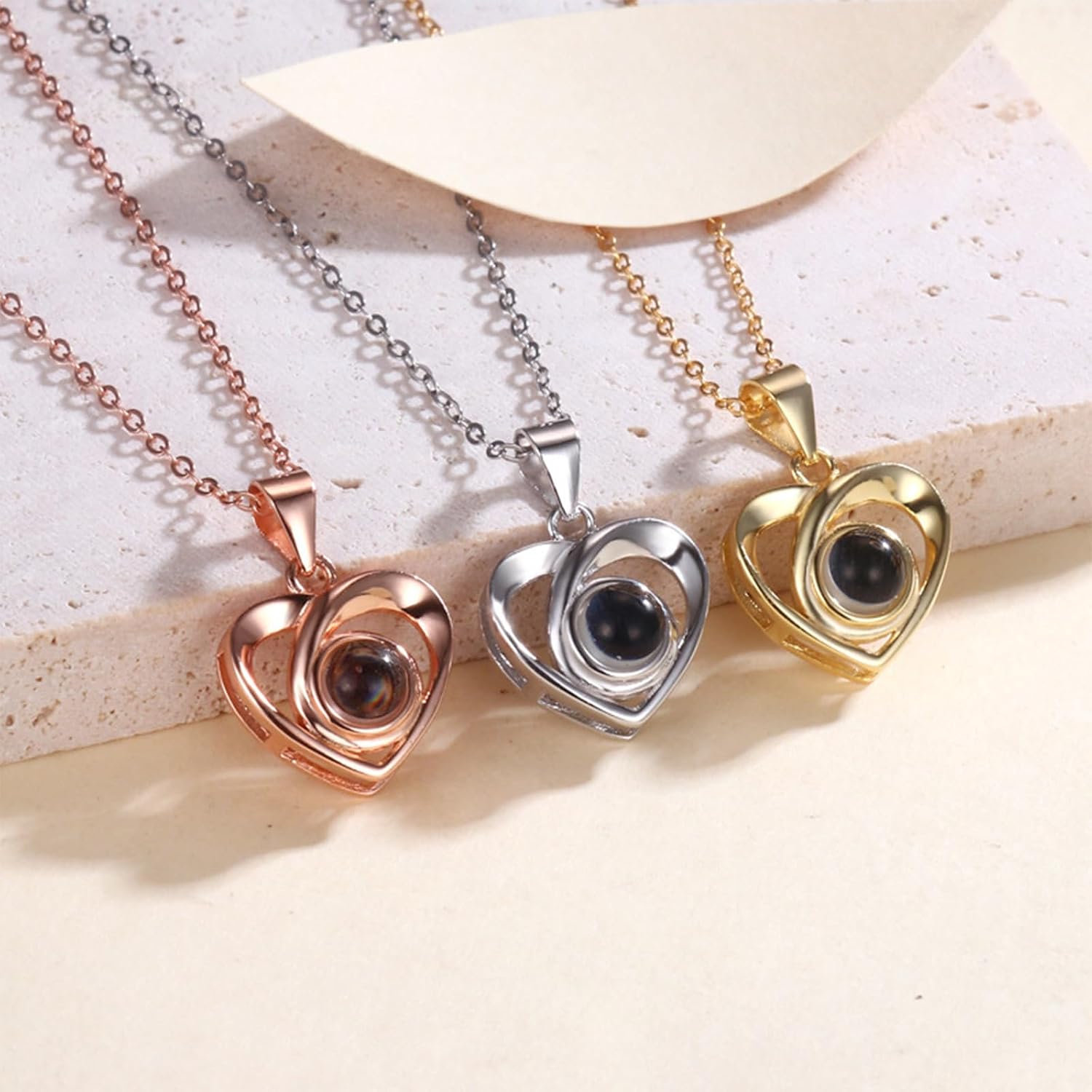 Drawelry Personalized Projection Photo Necklace with Real Rose Bear Jewelry Box, Preserved Eternal Roses Hug Bear Gifts Set, Heart Necklace Bear Box Christmas Birthday Gifts for Woman (Haert)