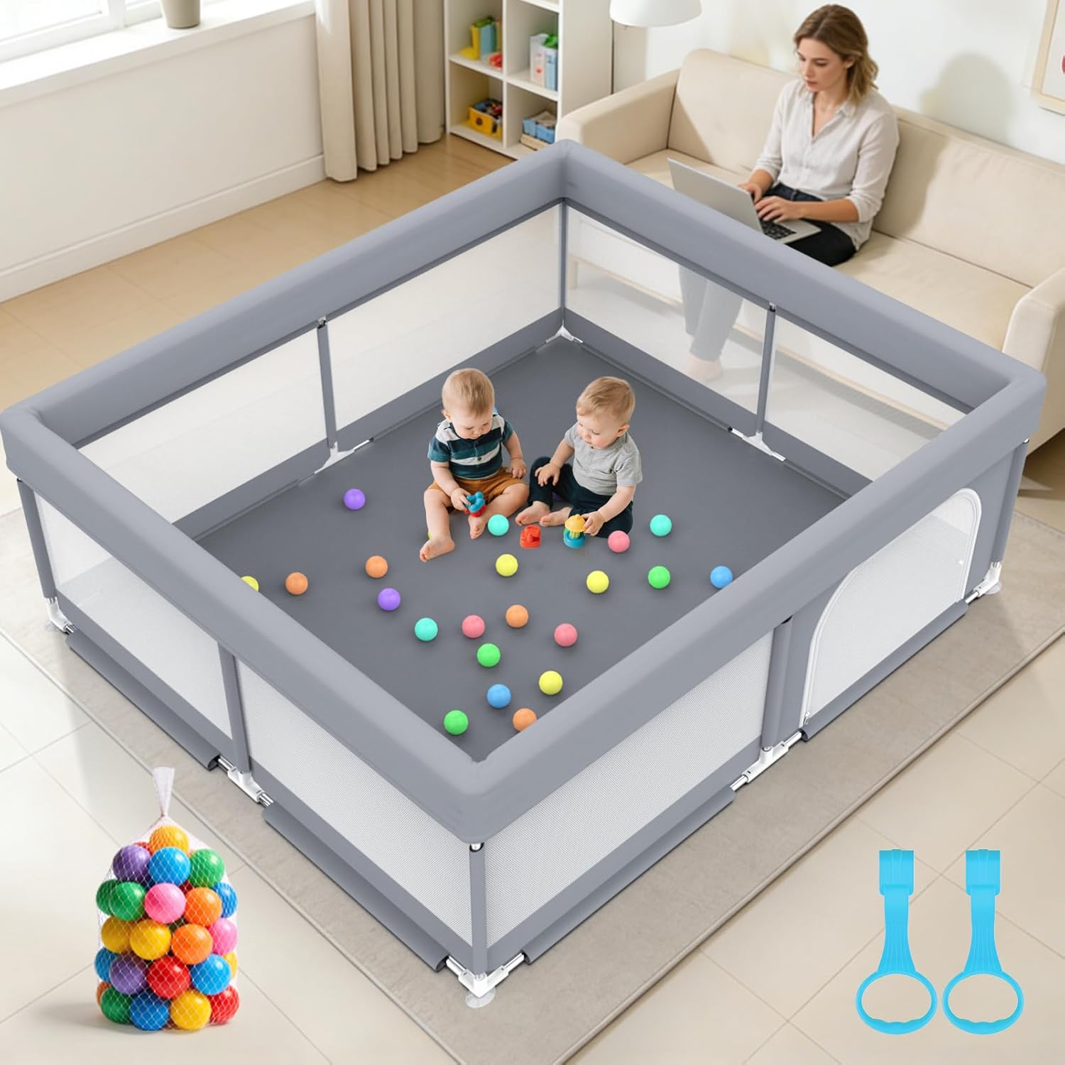 79x71 Baby Playpen for Toddlers, Large Indoor Playground with 20 Balls & Pull Up Rings, Safe Non-Slip Playard with 360° Visible Mesh