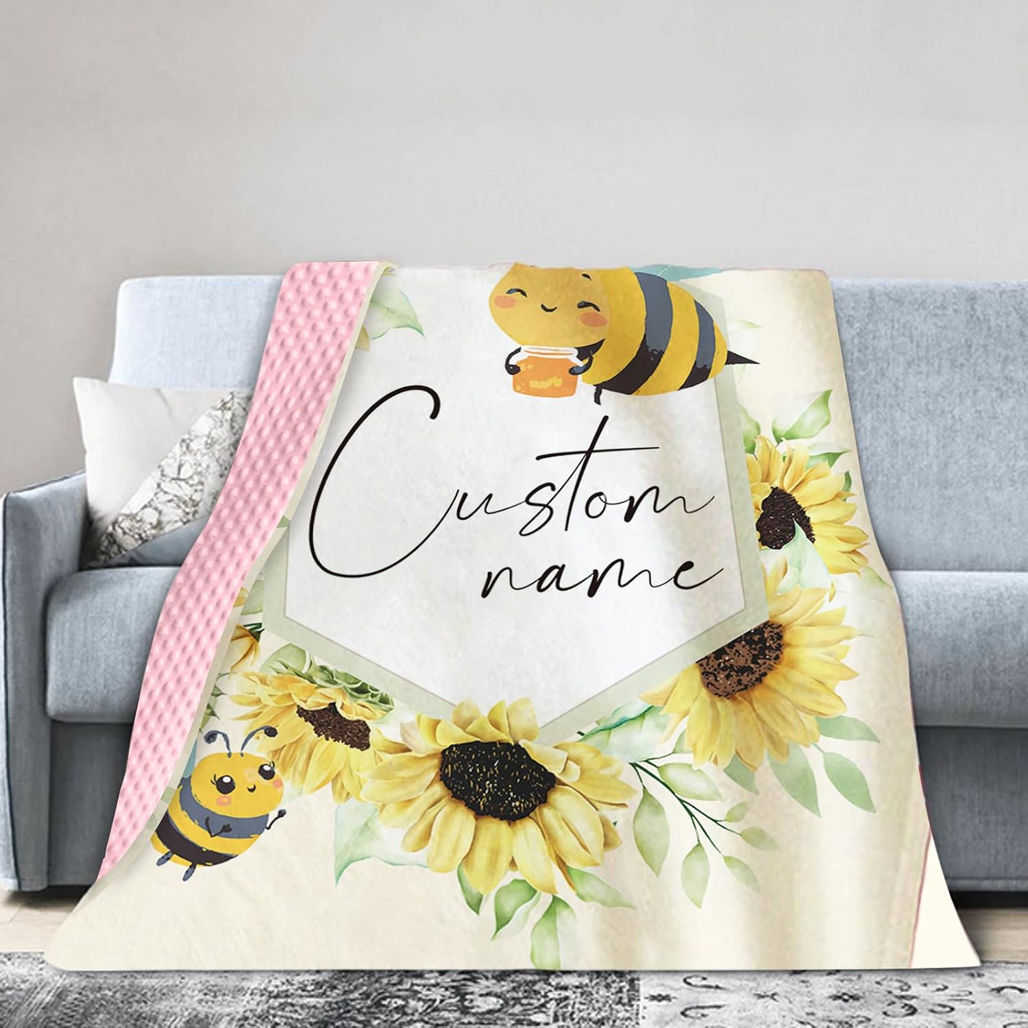 Personalized Baby Blankets for Boys Girls, Custom Name Yellow Bee Design Baby Blanket, Soft Receiving Blanket for Newborns and Toddlers, Ideal for Baby Showers and Nursery Decor